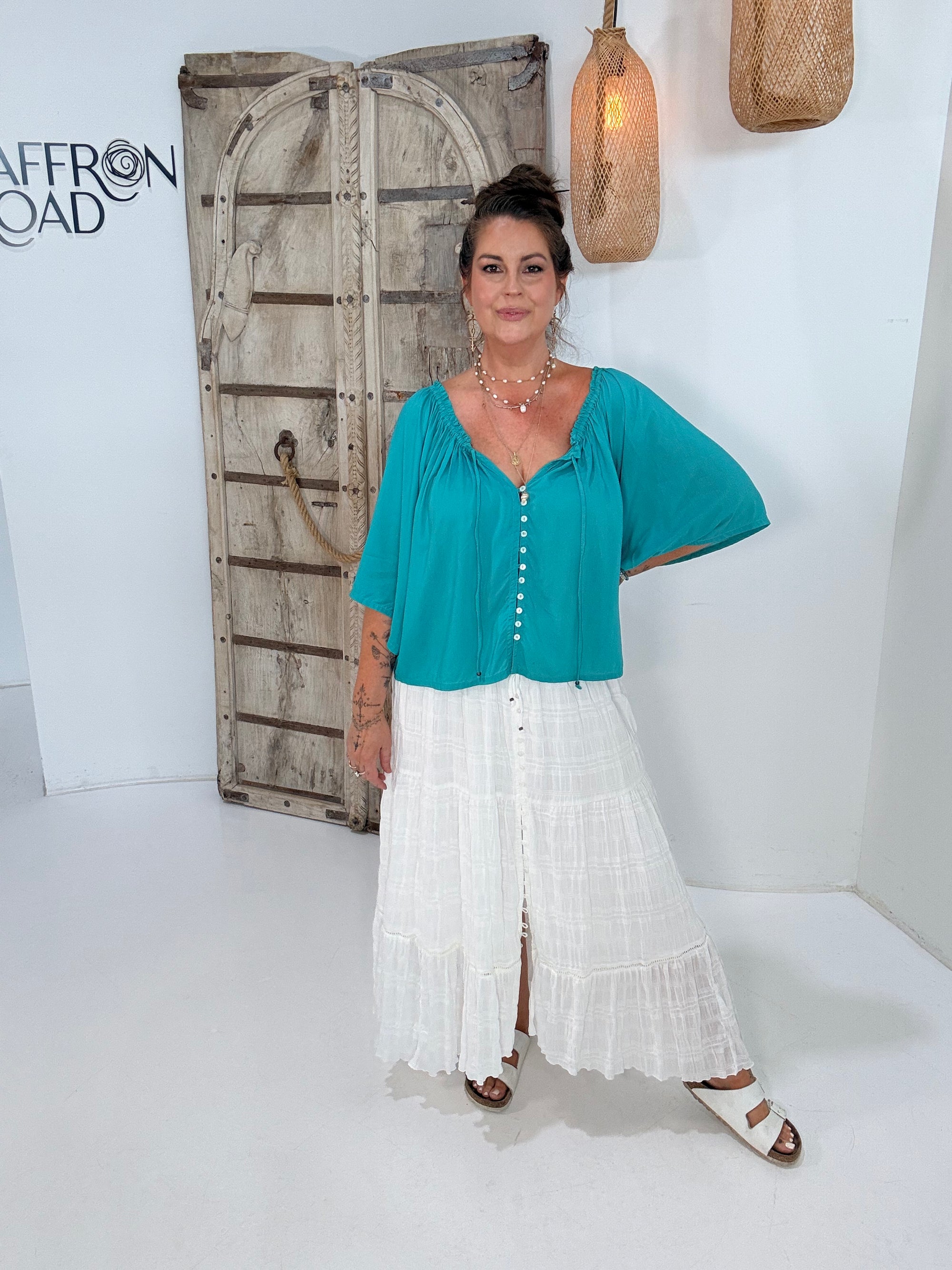 Festival Dreaming Top | Button Front | Jade Green - Saffron Road