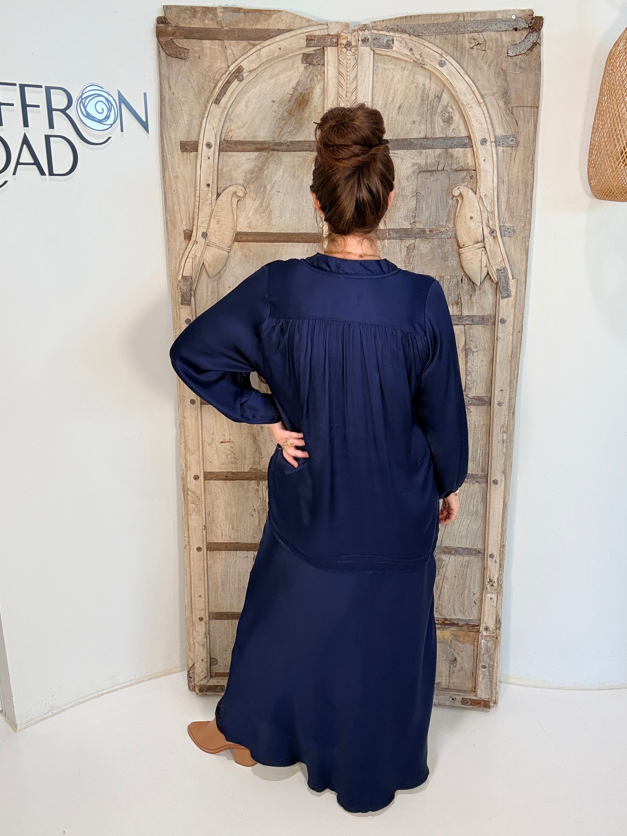 Luna Blouse | Satin Viscose | Navy - Saffron Road