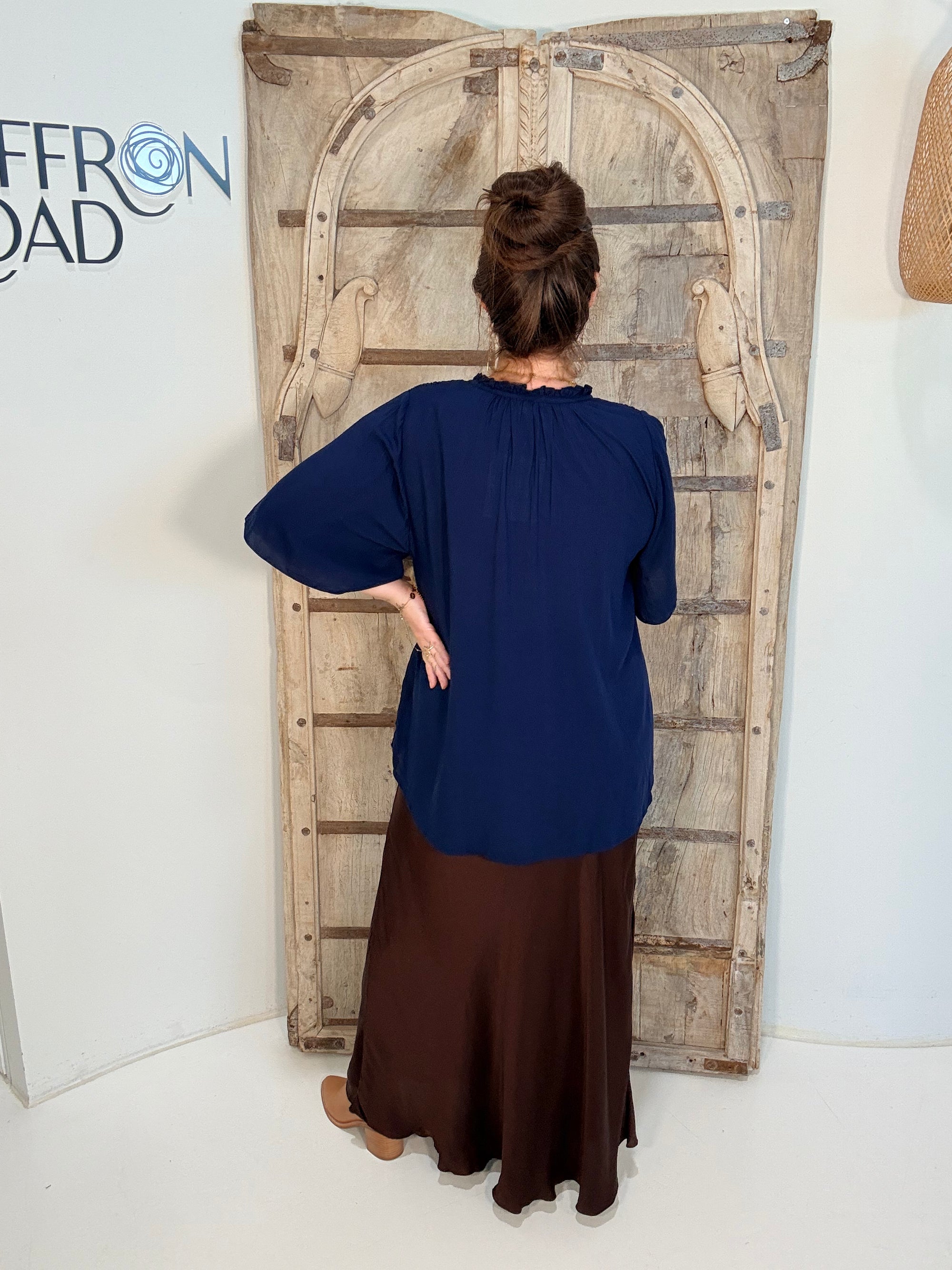 Freddie Blouse Flutter Sleeve | Navy - Saffron Road