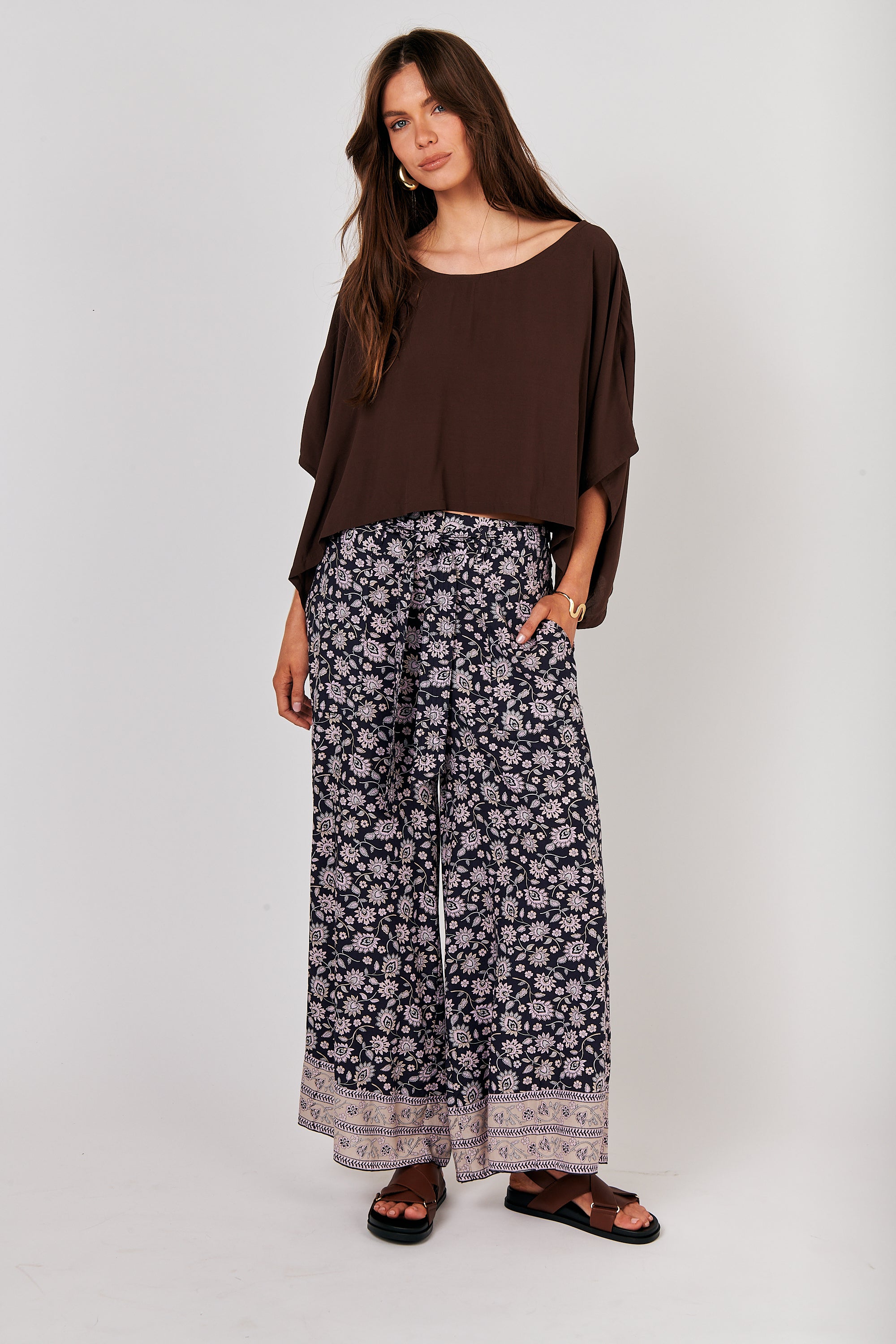 Wide Leg Lounge Pants (Extra Long) | Midnight Flower - Saffron Road