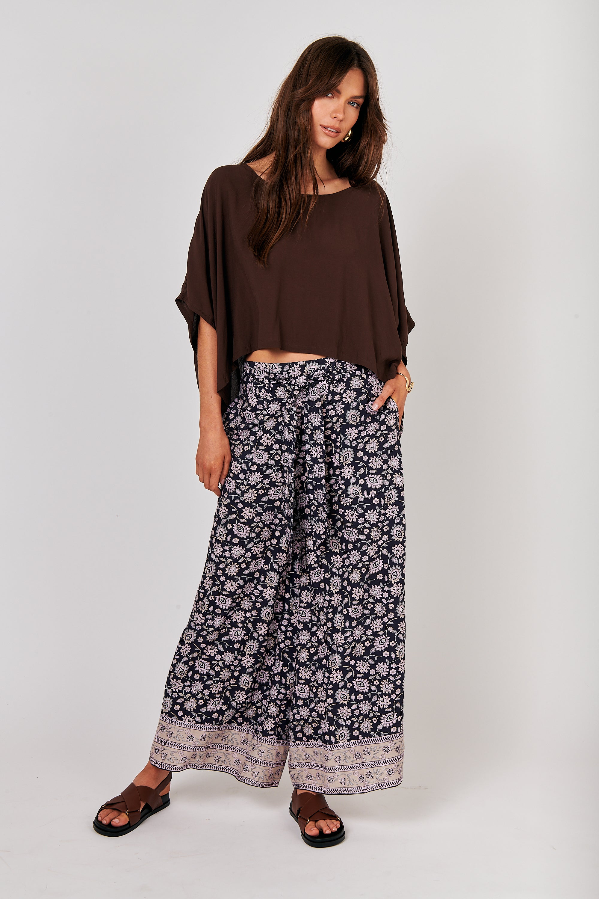 Wide Leg Lounge Pants (Extra Long) | Midnight Flower - Saffron Road