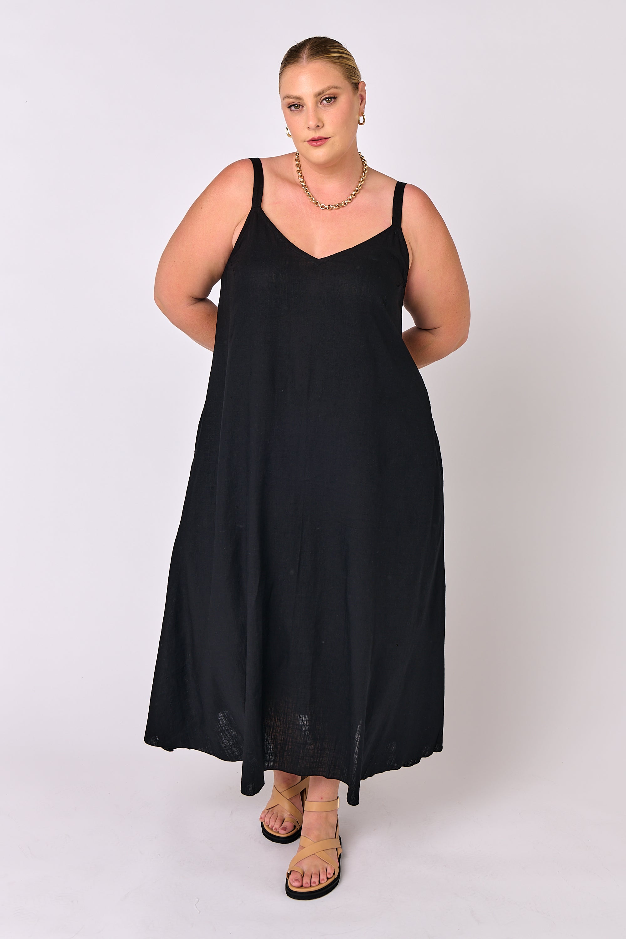 A-line Slip Dress | Black | Viscose Linen - Saffron Road
