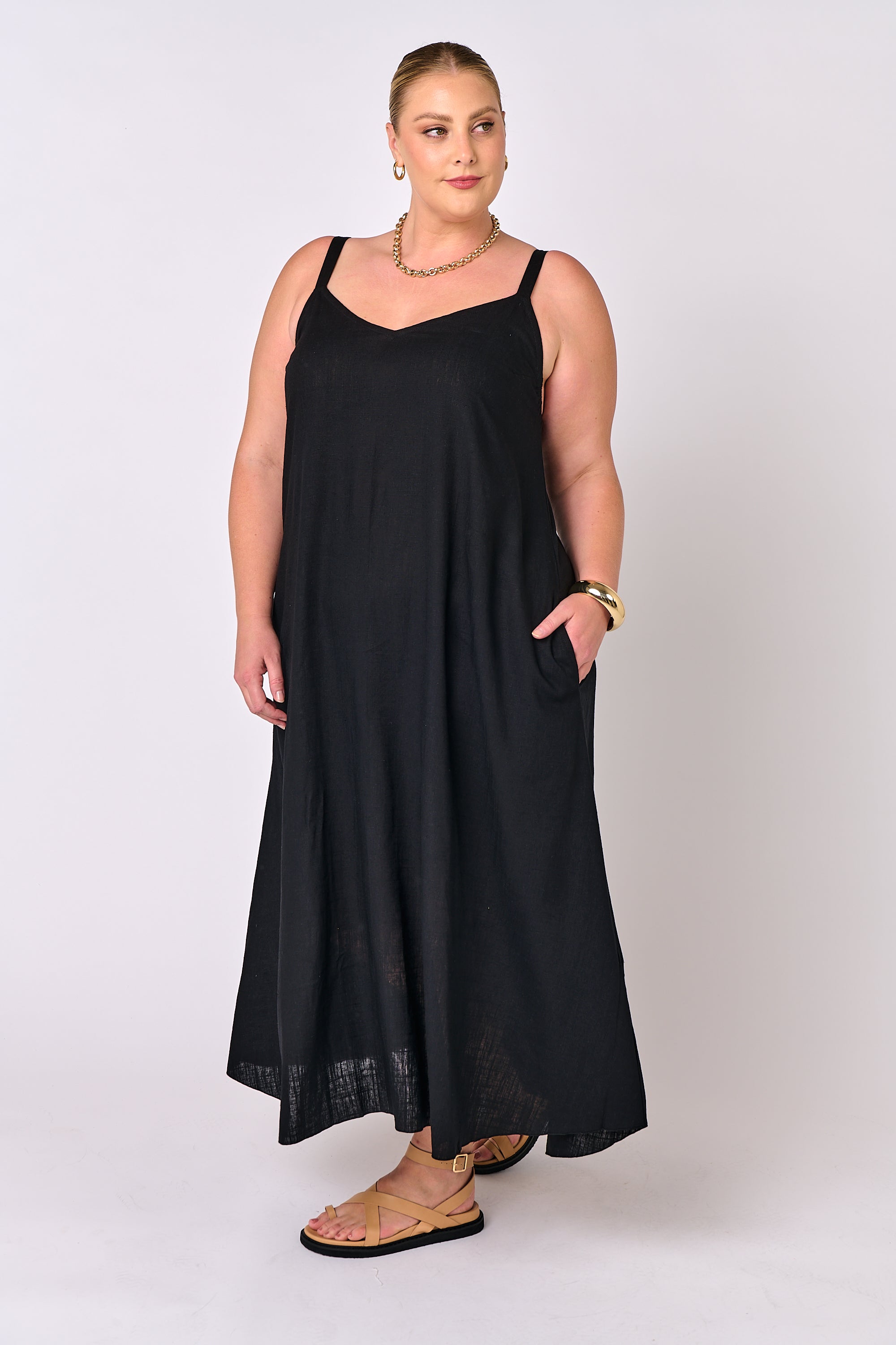 A-line Slip Dress | Black | Viscose Linen - Saffron Road