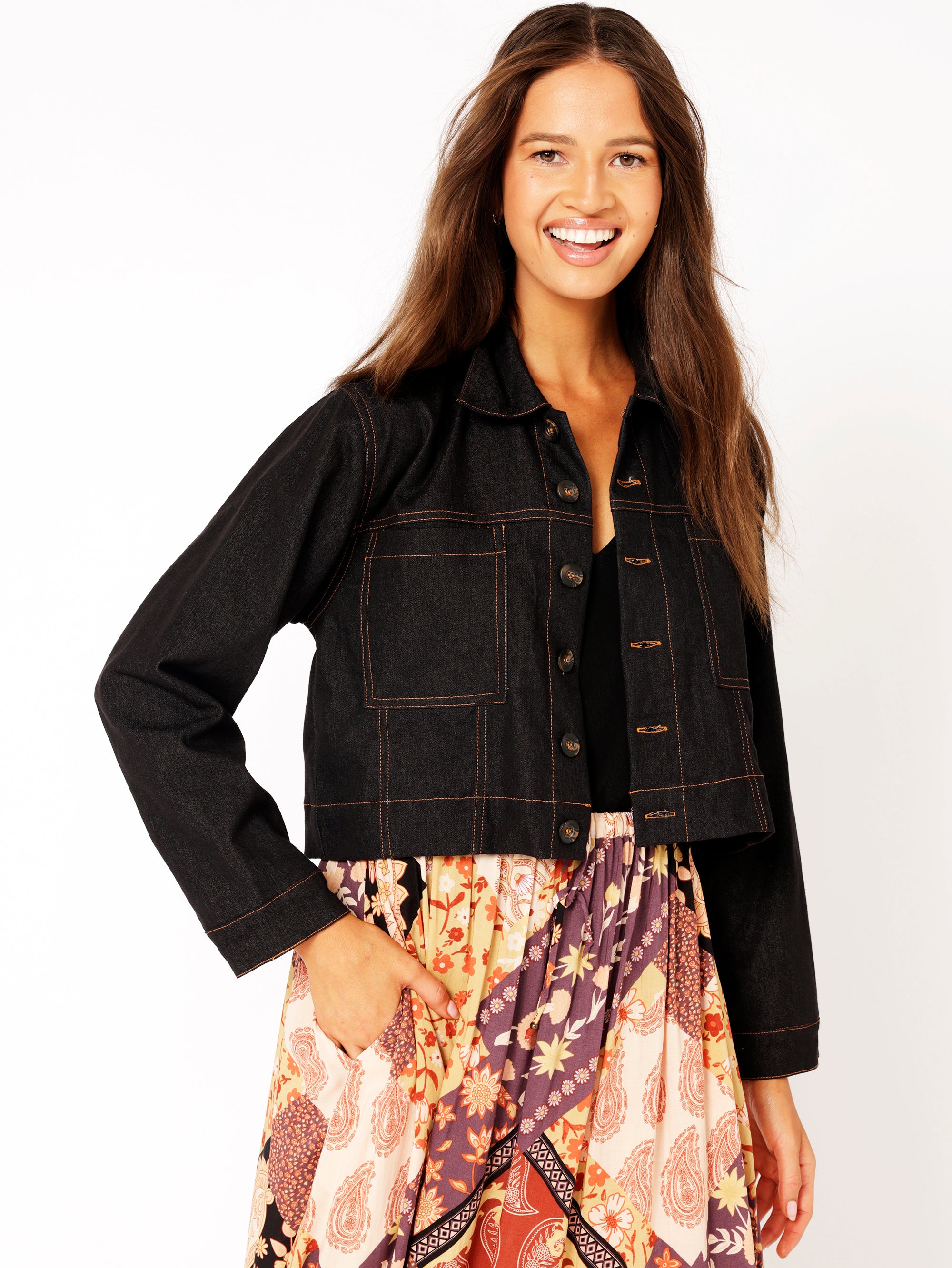 Vegas Jacket CROPPED | Black Denim - Saffron Road