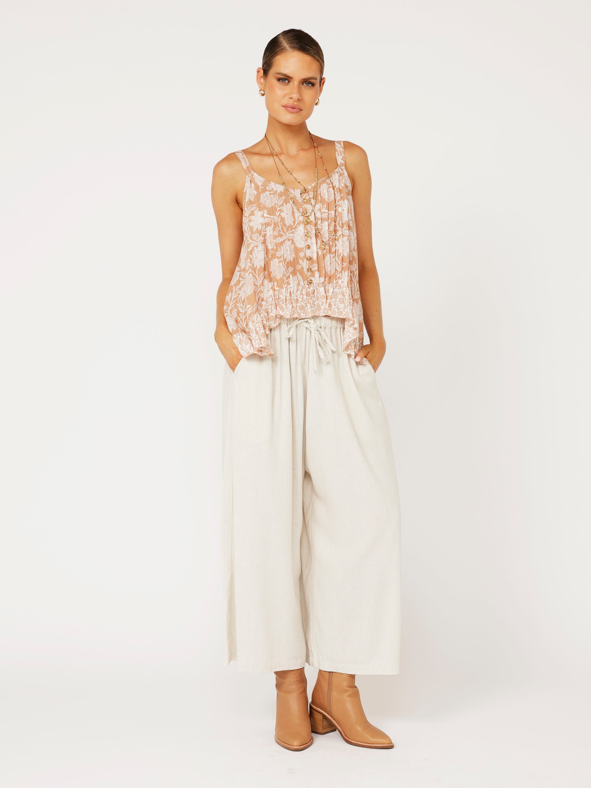 Lily Rose Singlet | CROPPED | Beige Flower - Saffron Road