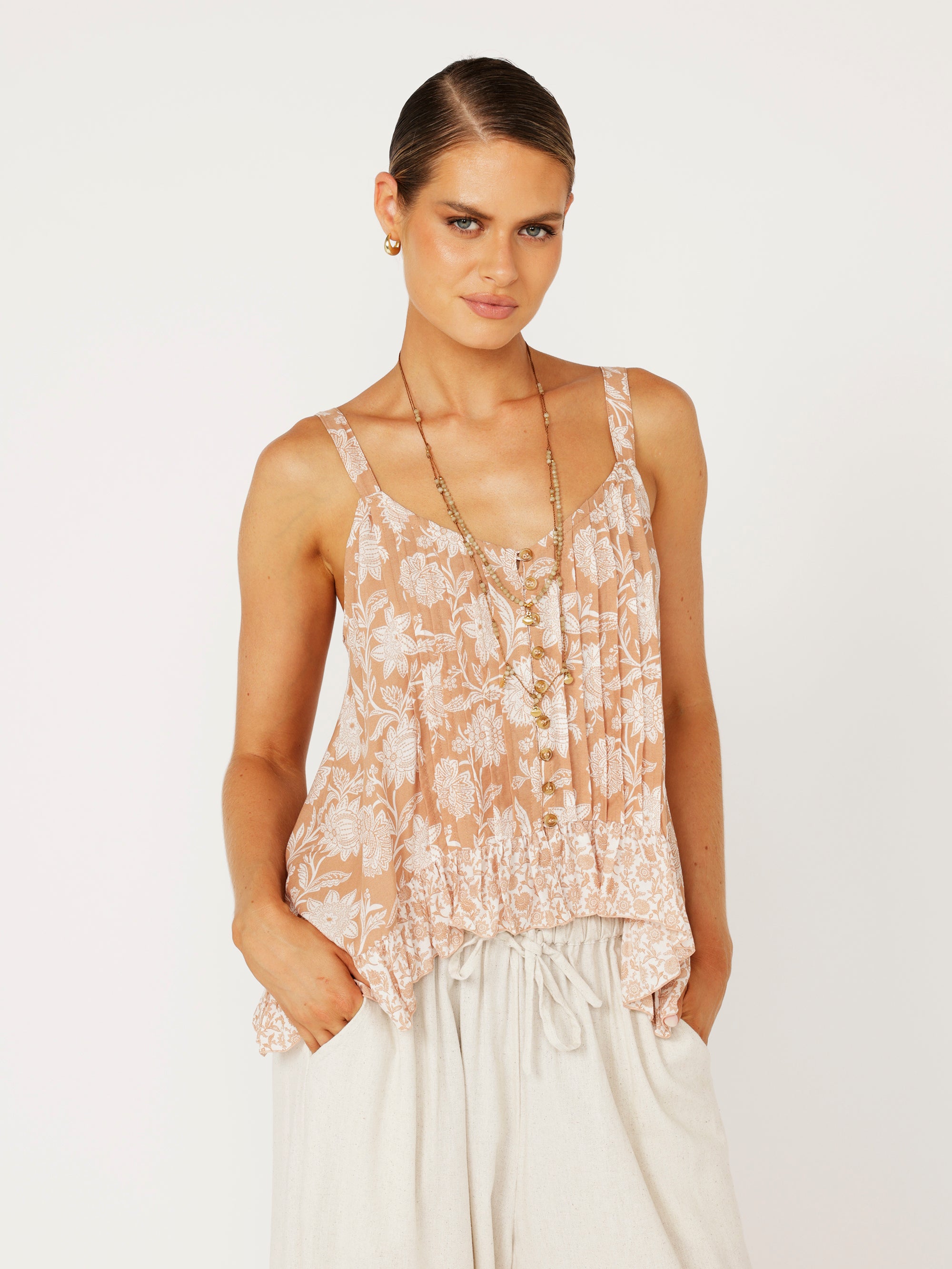 Lily Rose Singlet | CROPPED | Beige Flower - Saffron Road