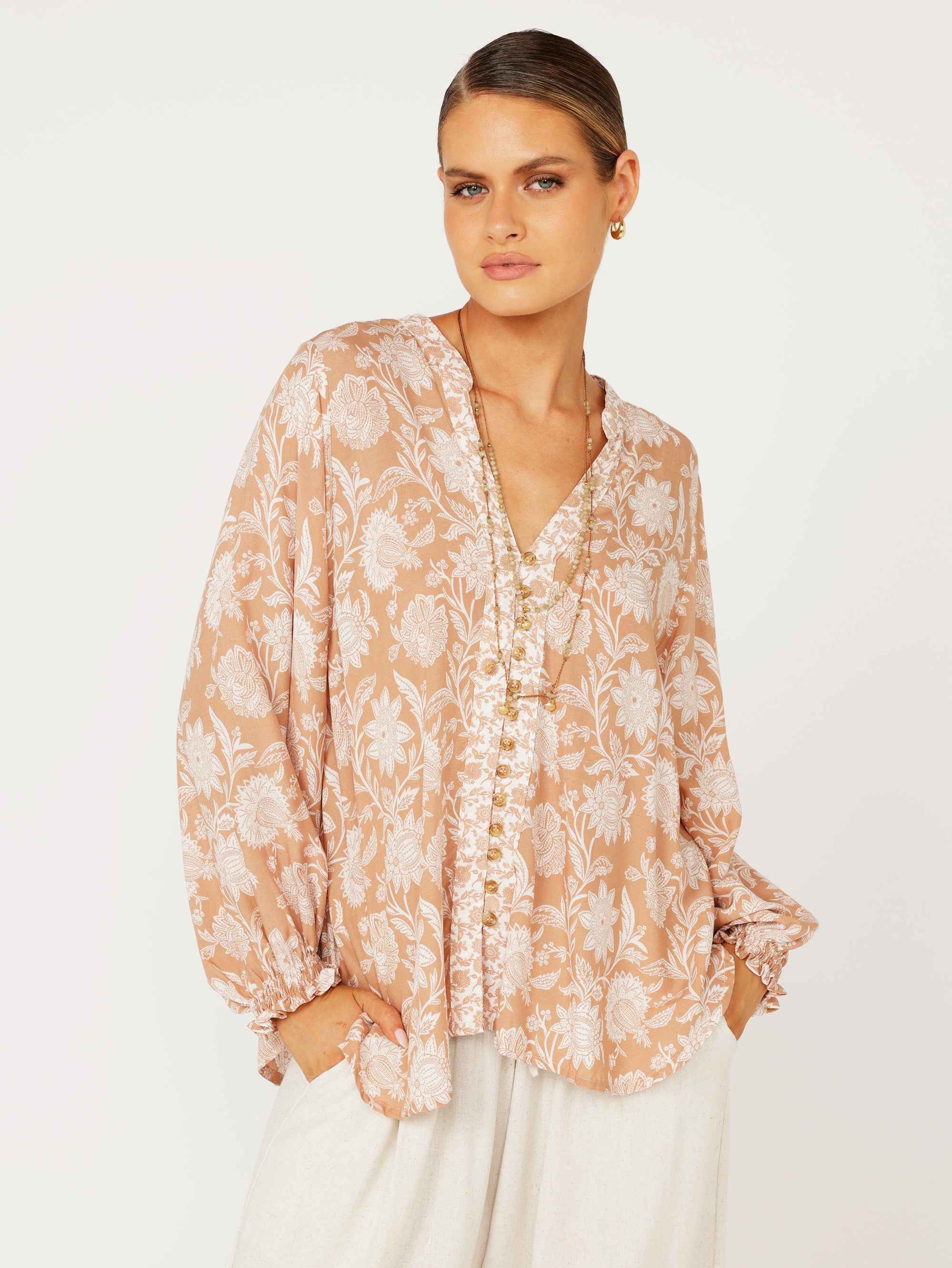 Amber Blouse | Beige Flower - Saffron Road