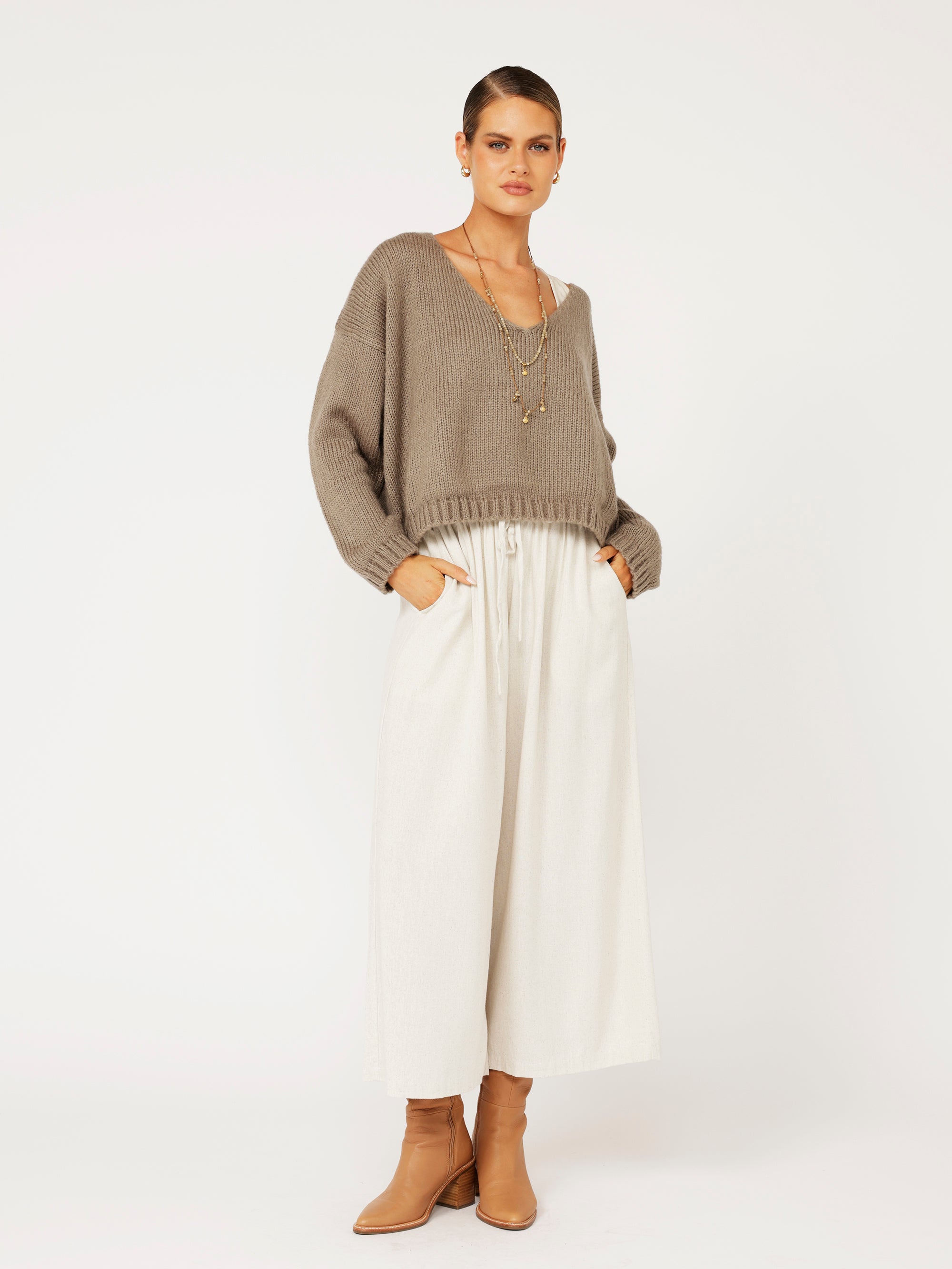 V Neck Jumper | Mohair Knit | Taupe - Saffron Road
