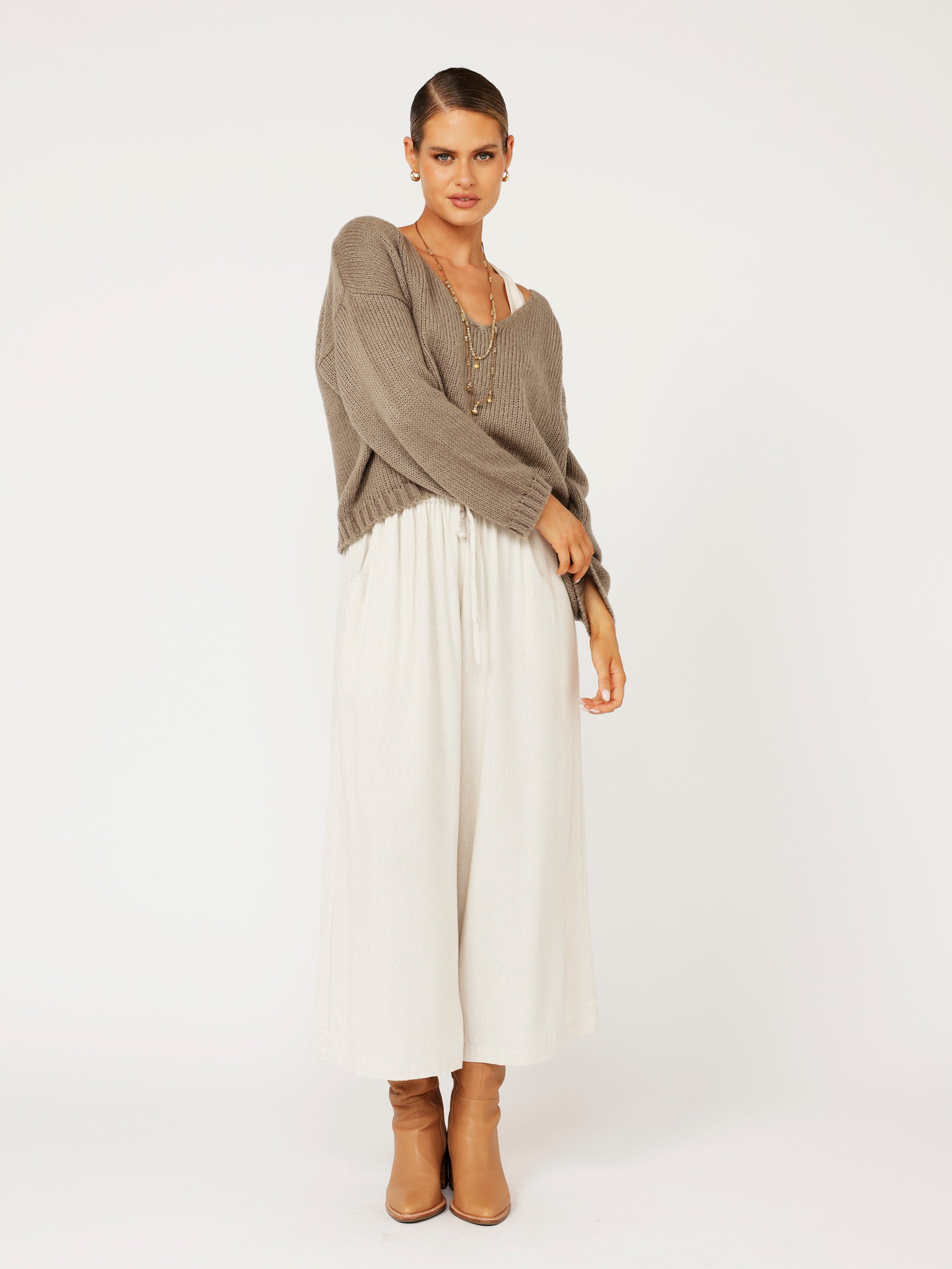V Neck Jumper | Mohair Knit | Taupe - Saffron Road