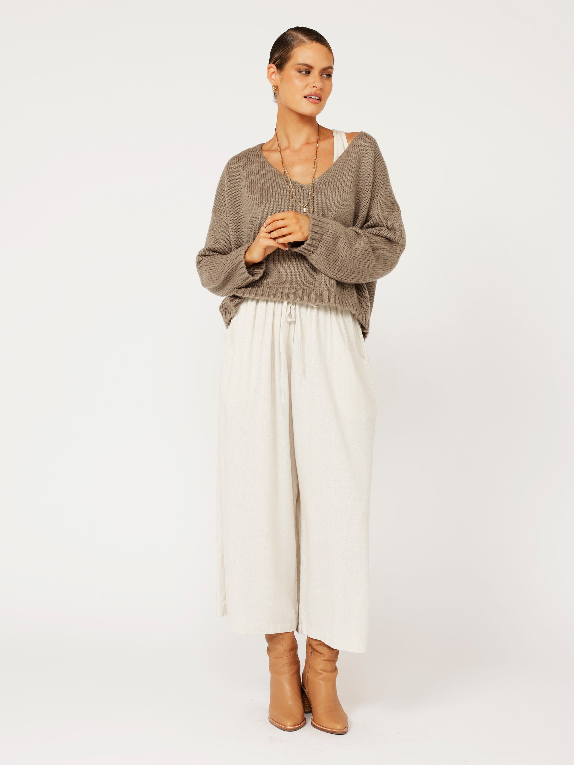 V Neck Jumper | Mohair Knit | Taupe - Saffron Road