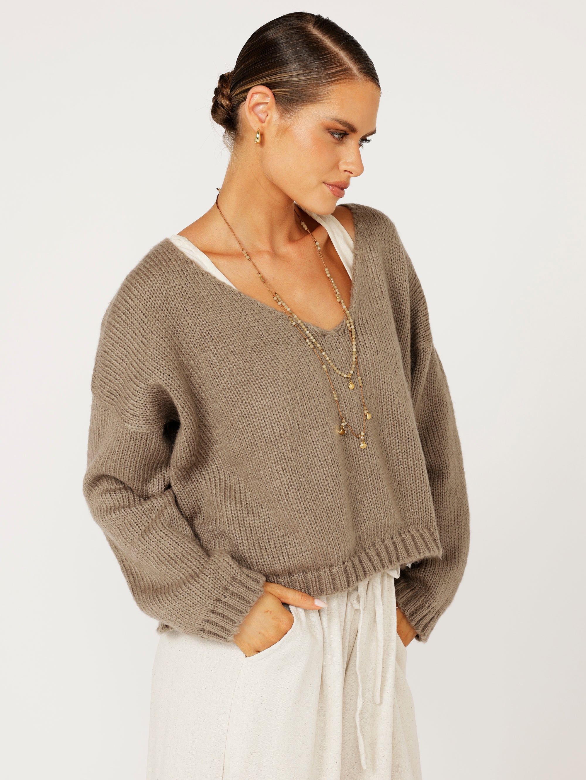 V Neck Jumper | Mohair Knit | Taupe - Saffron Road
