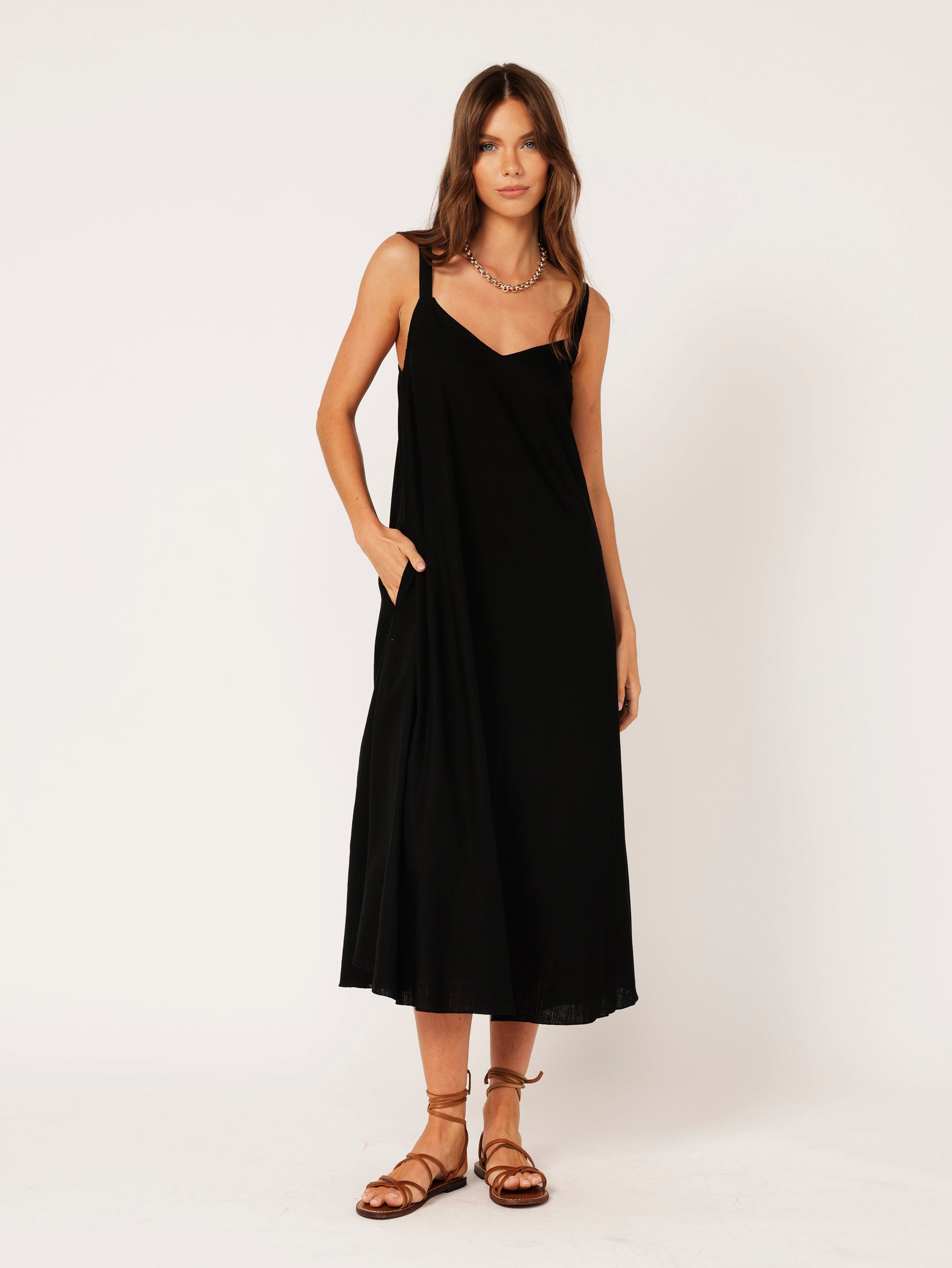 A-line Slip Dress | Black | Viscose Linen - Saffron Road