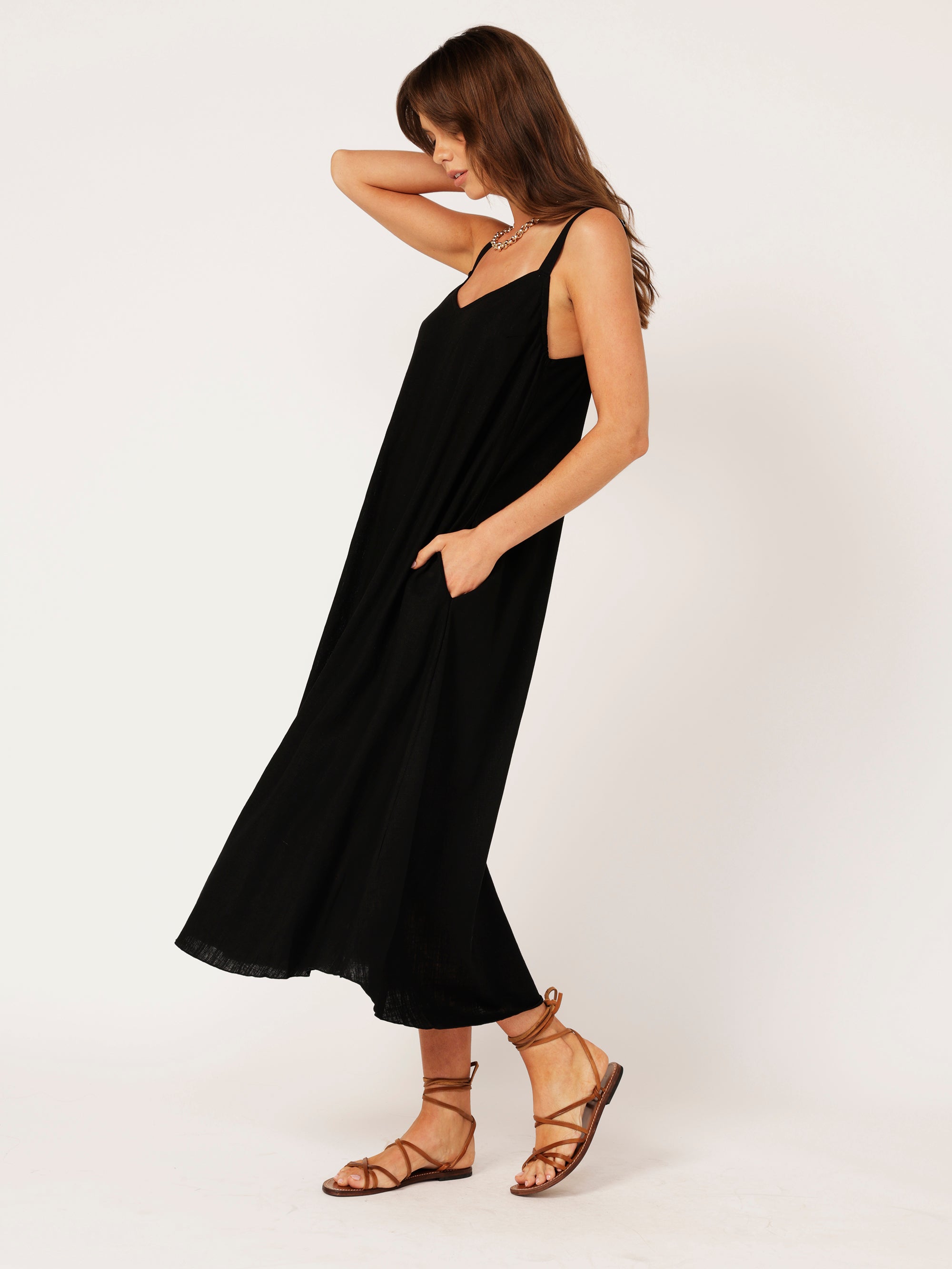 A-line Slip Dress | Black | Viscose Linen - Saffron Road