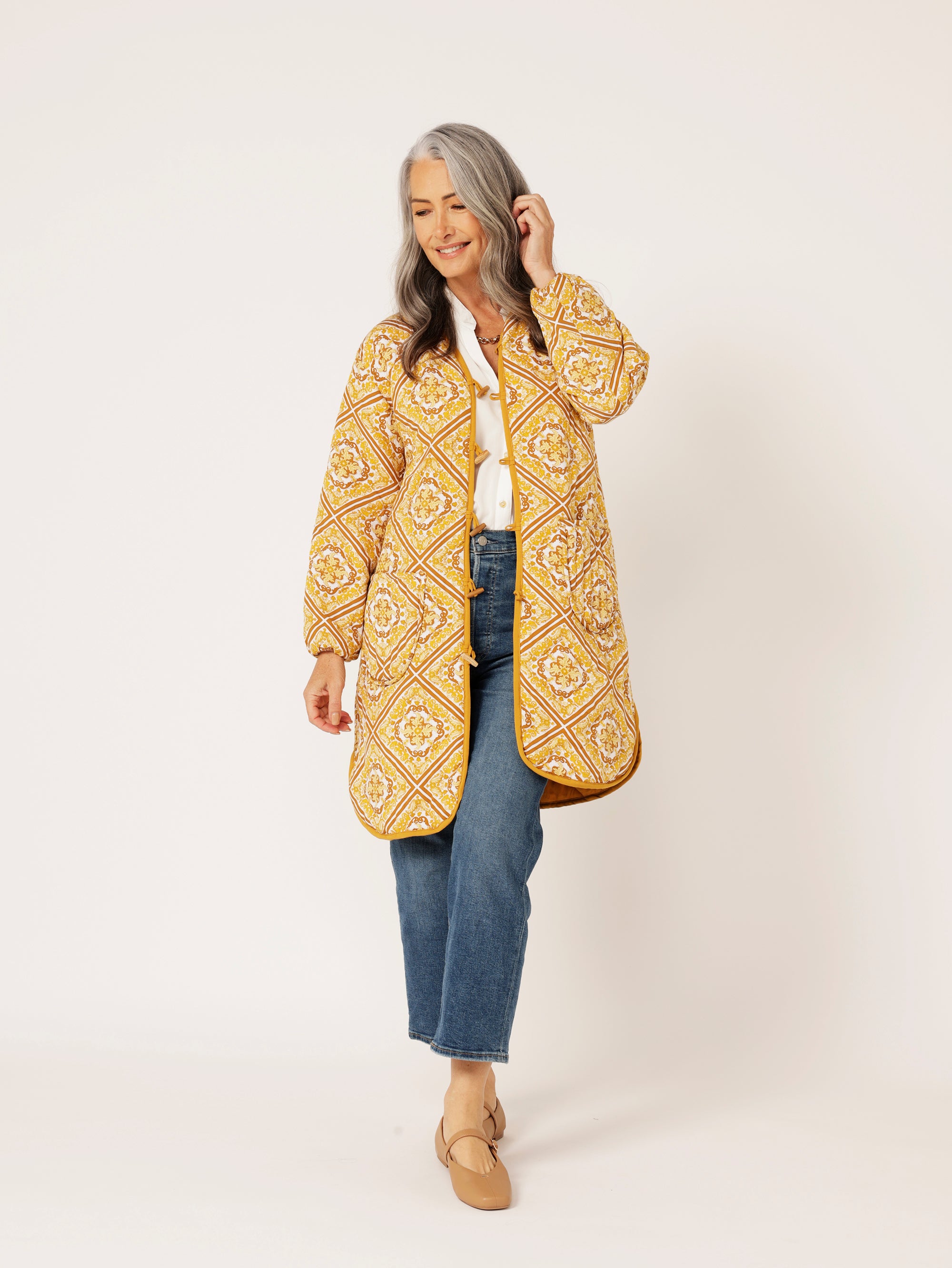Quilted Jacket LONG | Golden Tile - Saffron Road
