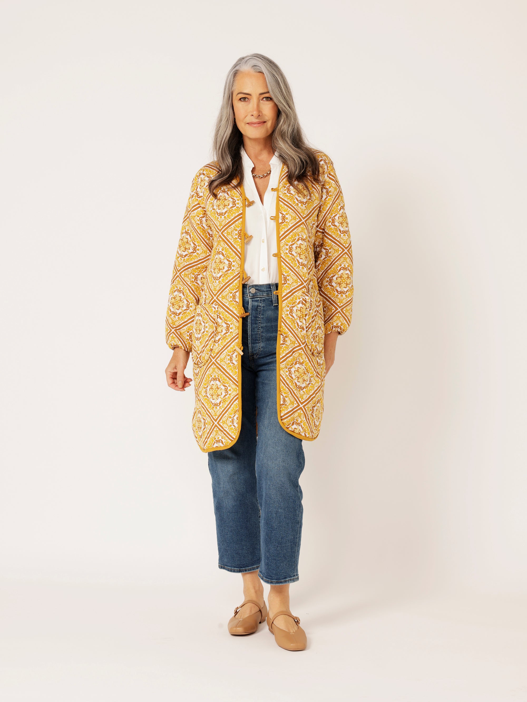 Quilted Jacket LONG | Golden Tile - Saffron Road