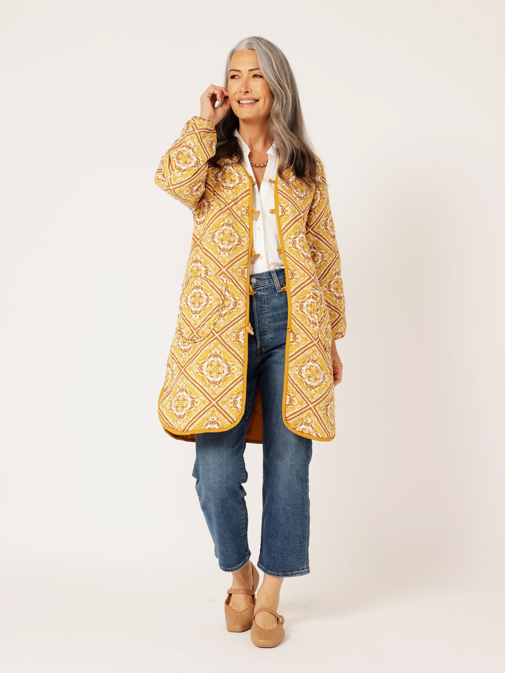 Quilted Jacket LONG | Golden Tile - Saffron Road