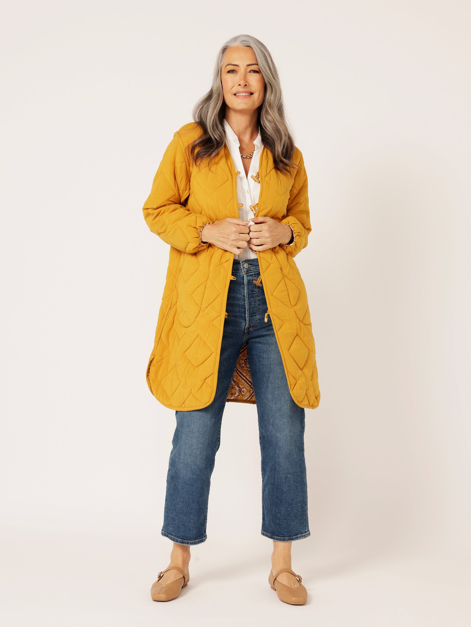 Quilted Jacket LONG | Golden Tile - Saffron Road