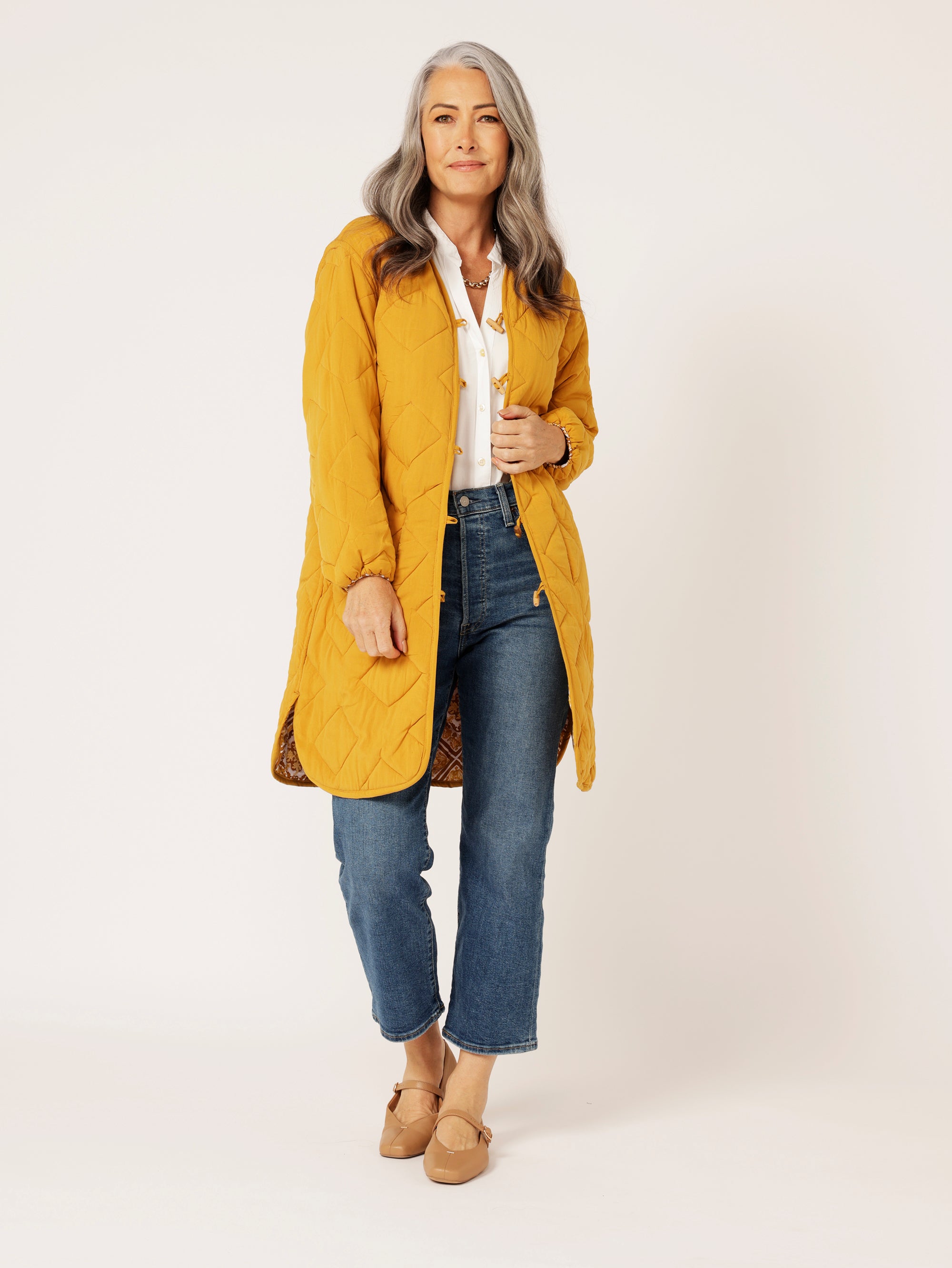 Quilted Jacket LONG | Golden Tile - Saffron Road