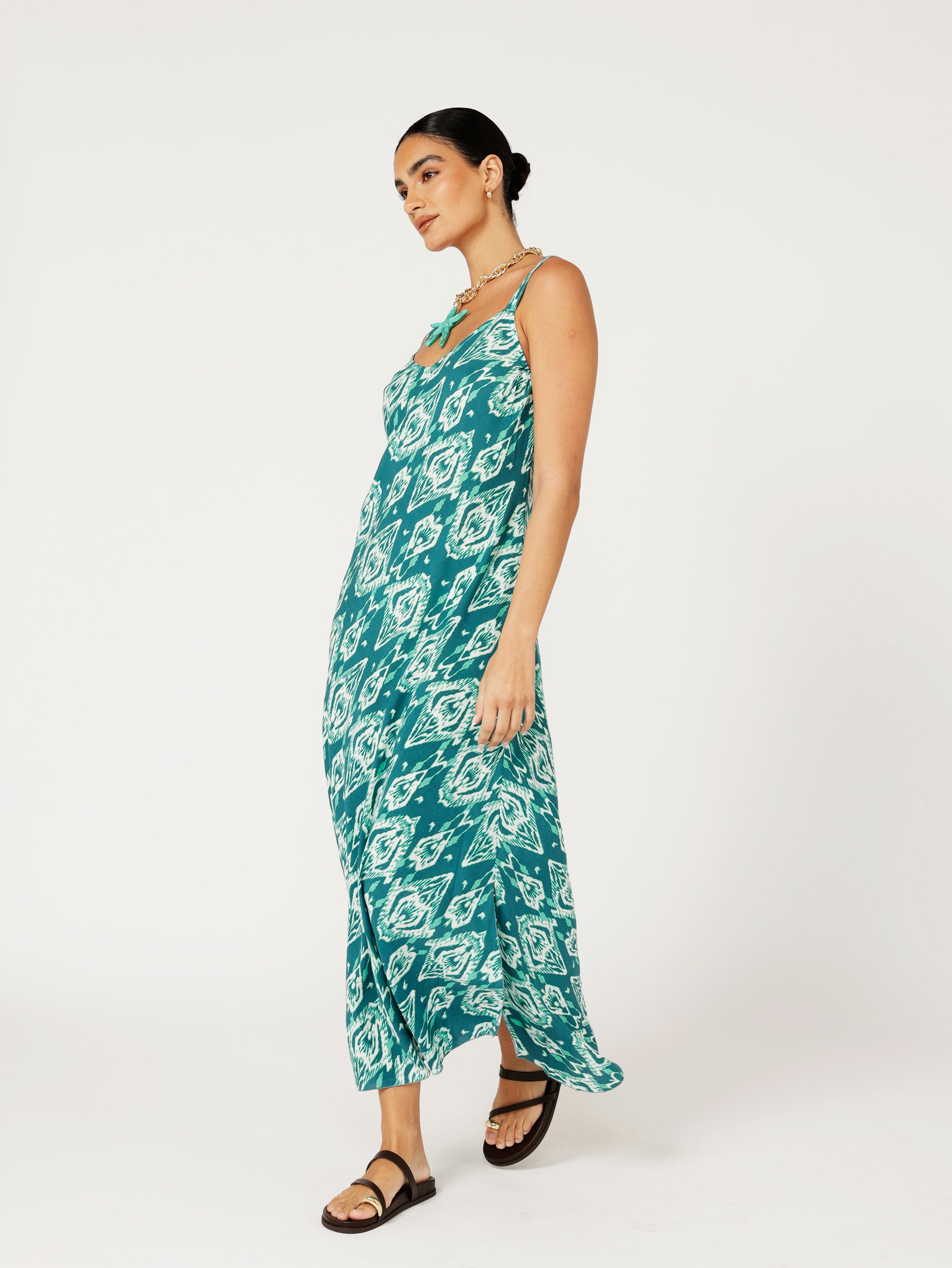 Slip Dress | Bias Cut | Teal Ikat - Saffron Road