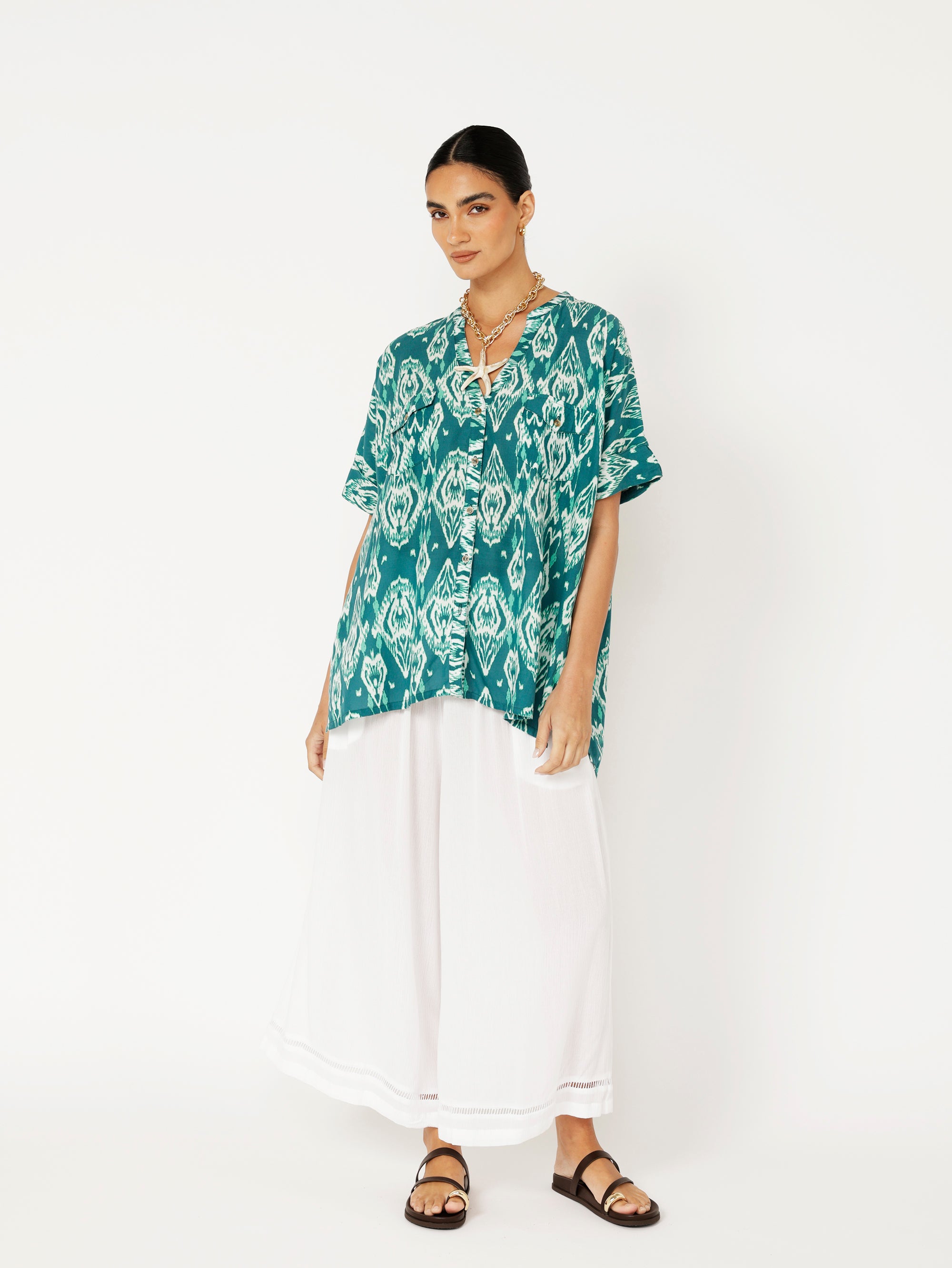 Madison Shirt | Teal Ikat - Saffron Road
