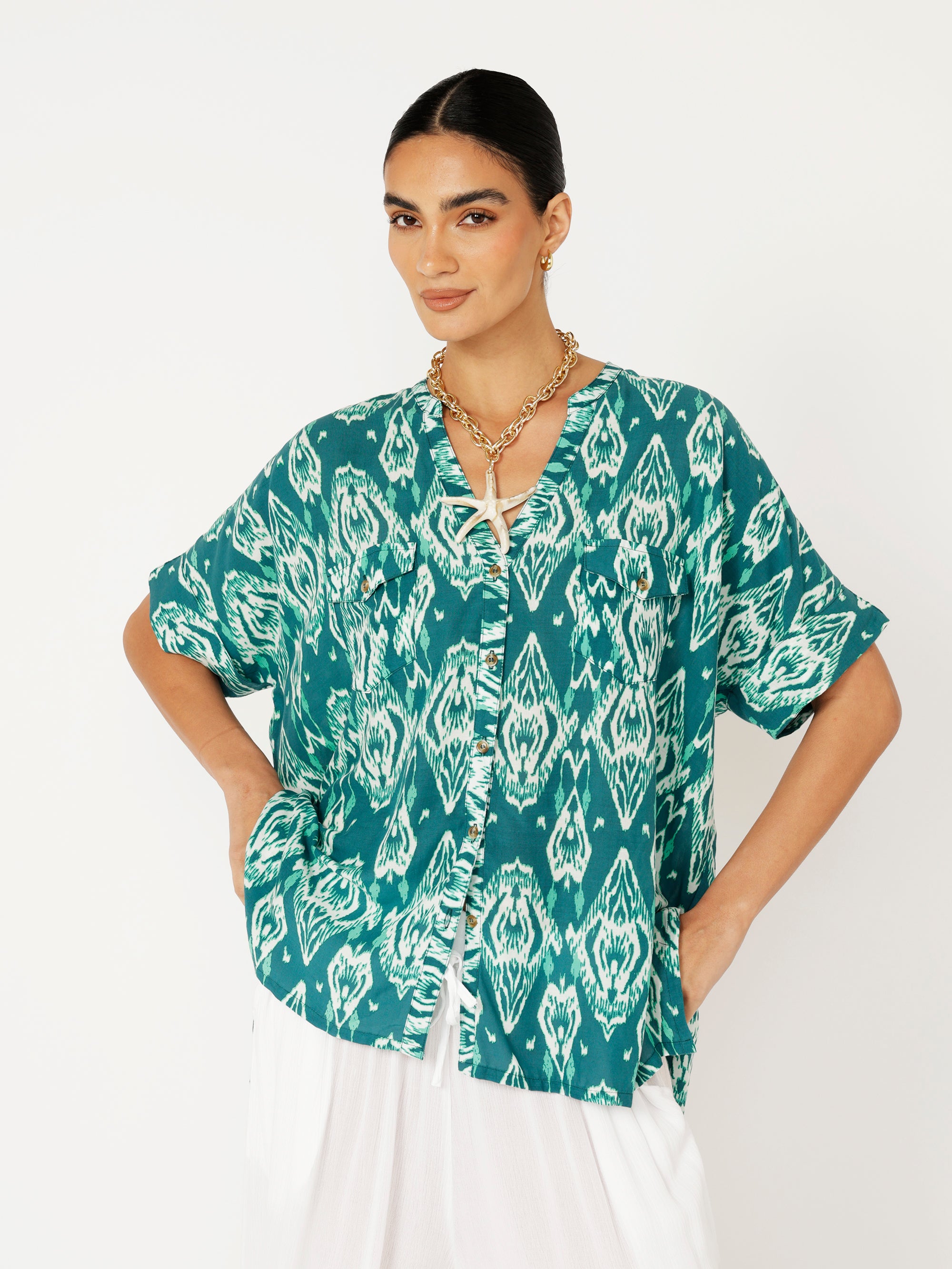 Madison Shirt | Teal Ikat - Saffron Road