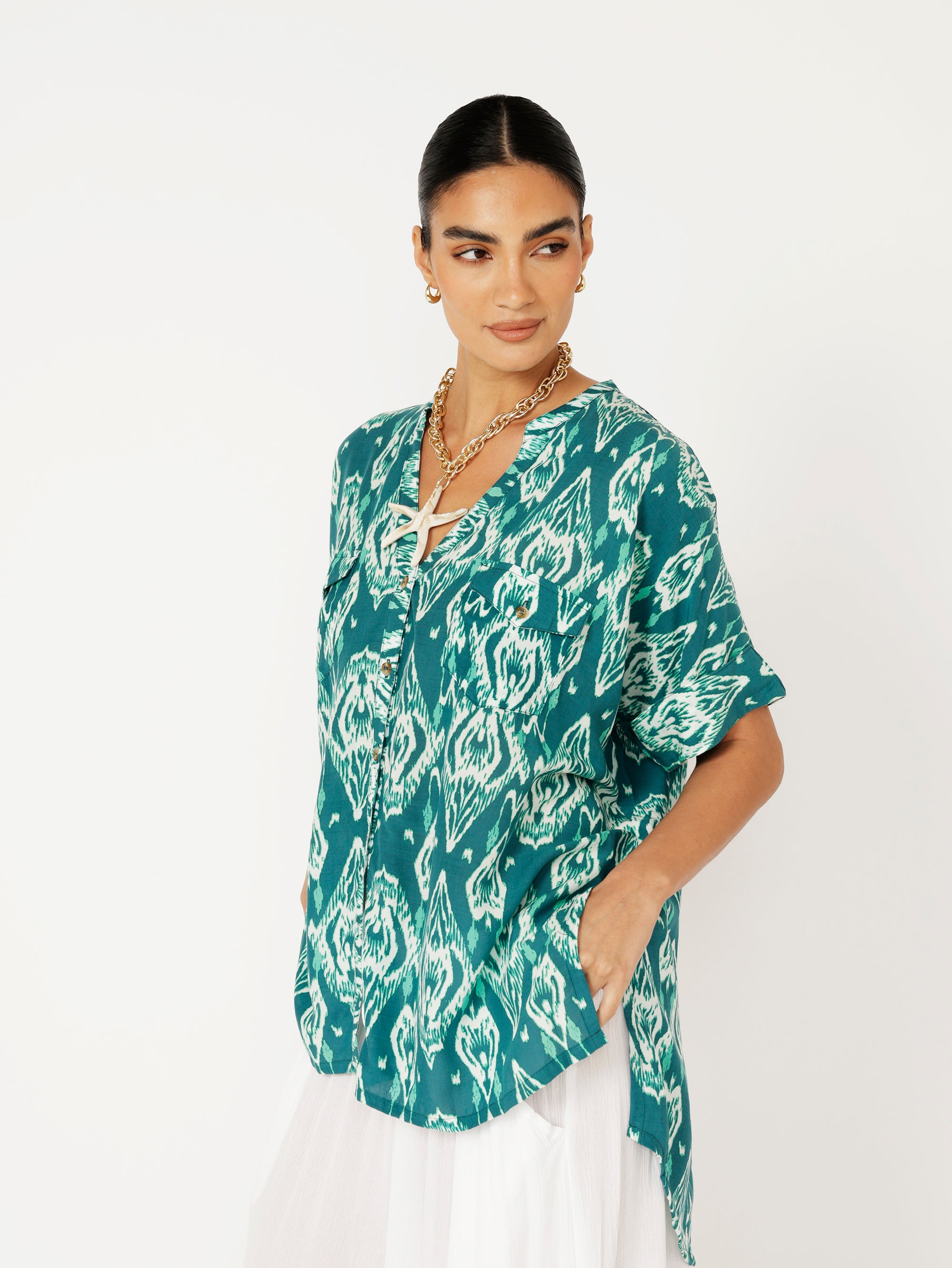 Madison Shirt | Teal Ikat - Saffron Road