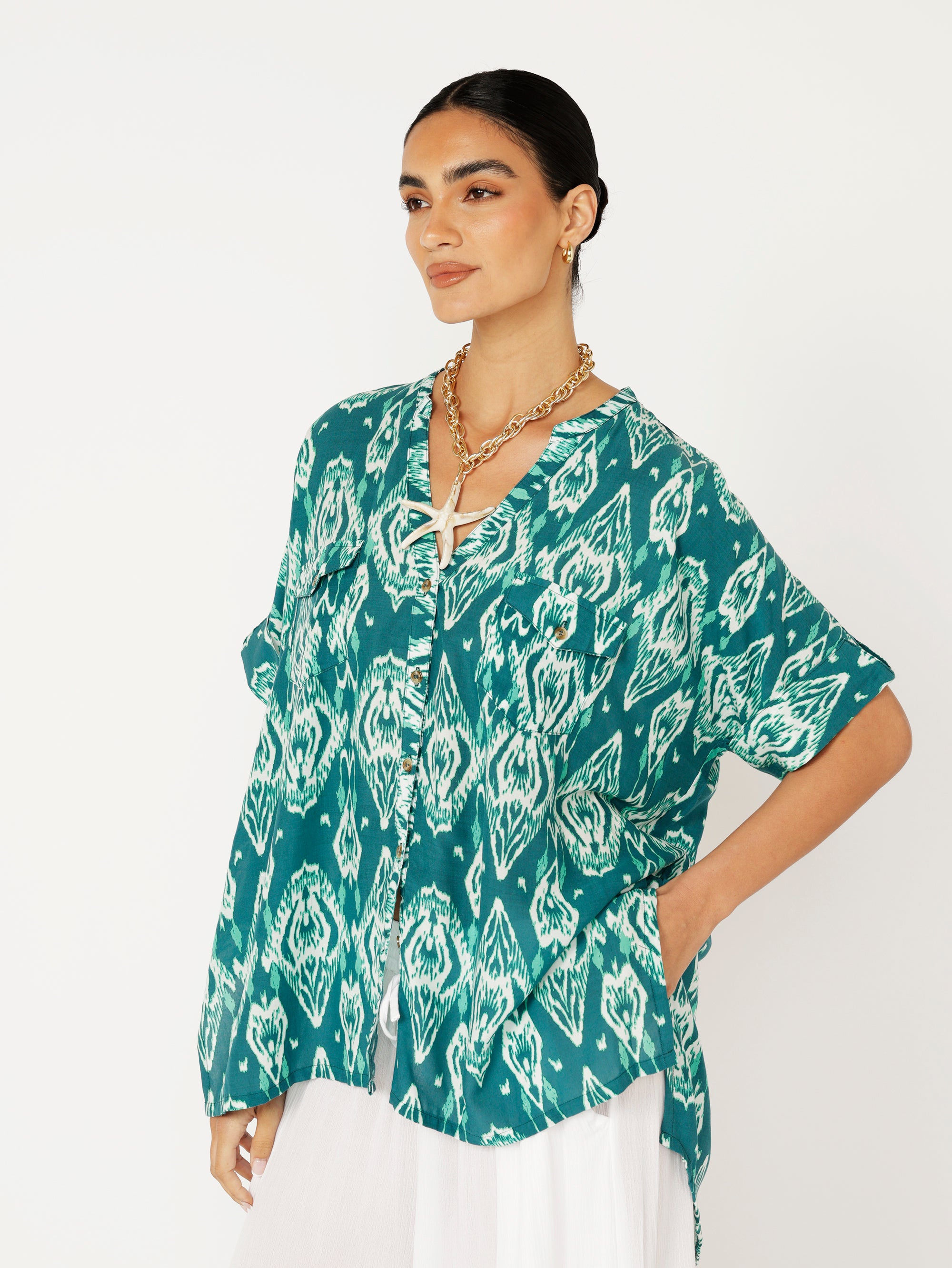 Madison Shirt | Teal Ikat - Saffron Road