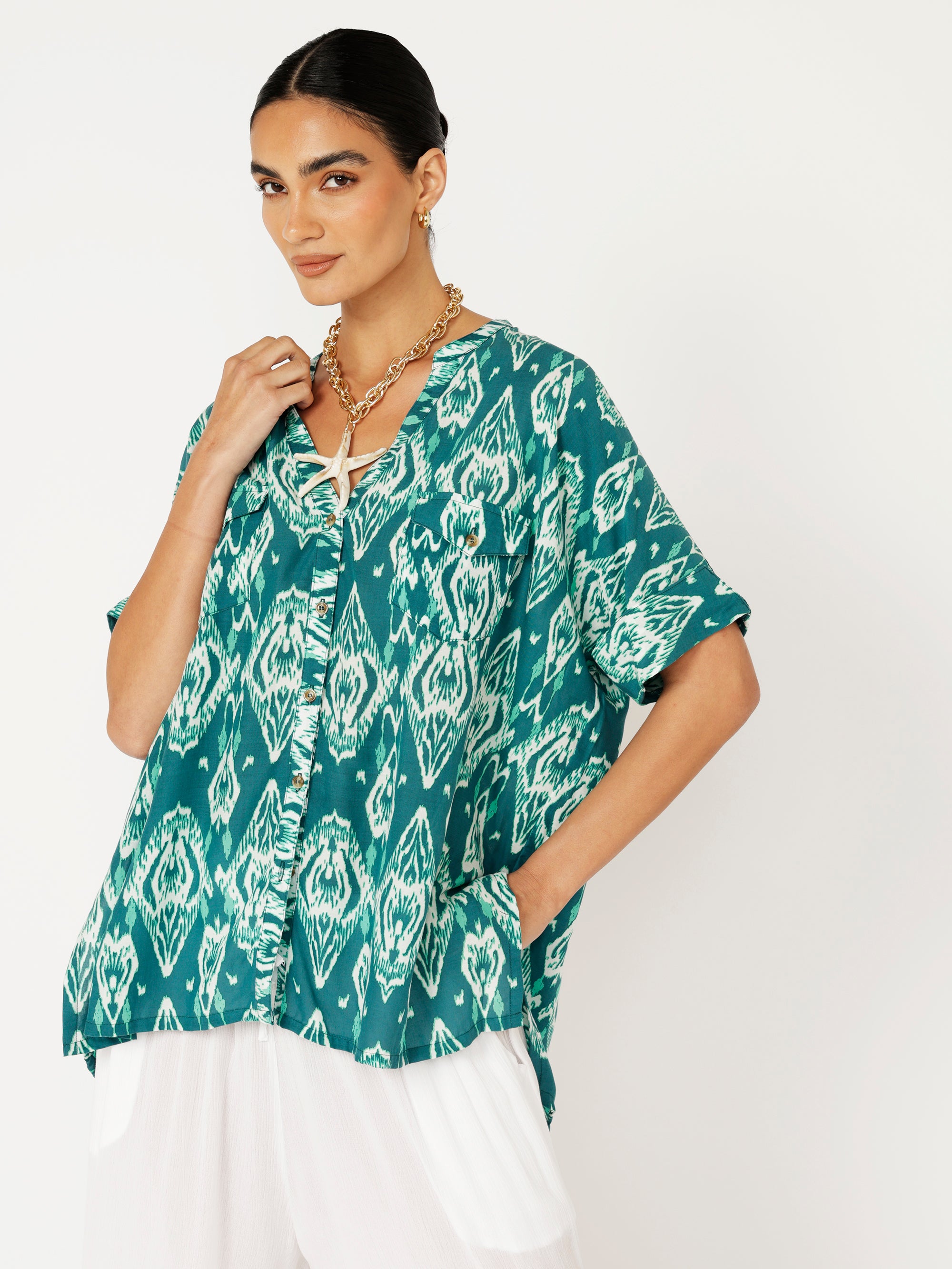 Madison Shirt | Teal Ikat - Saffron Road