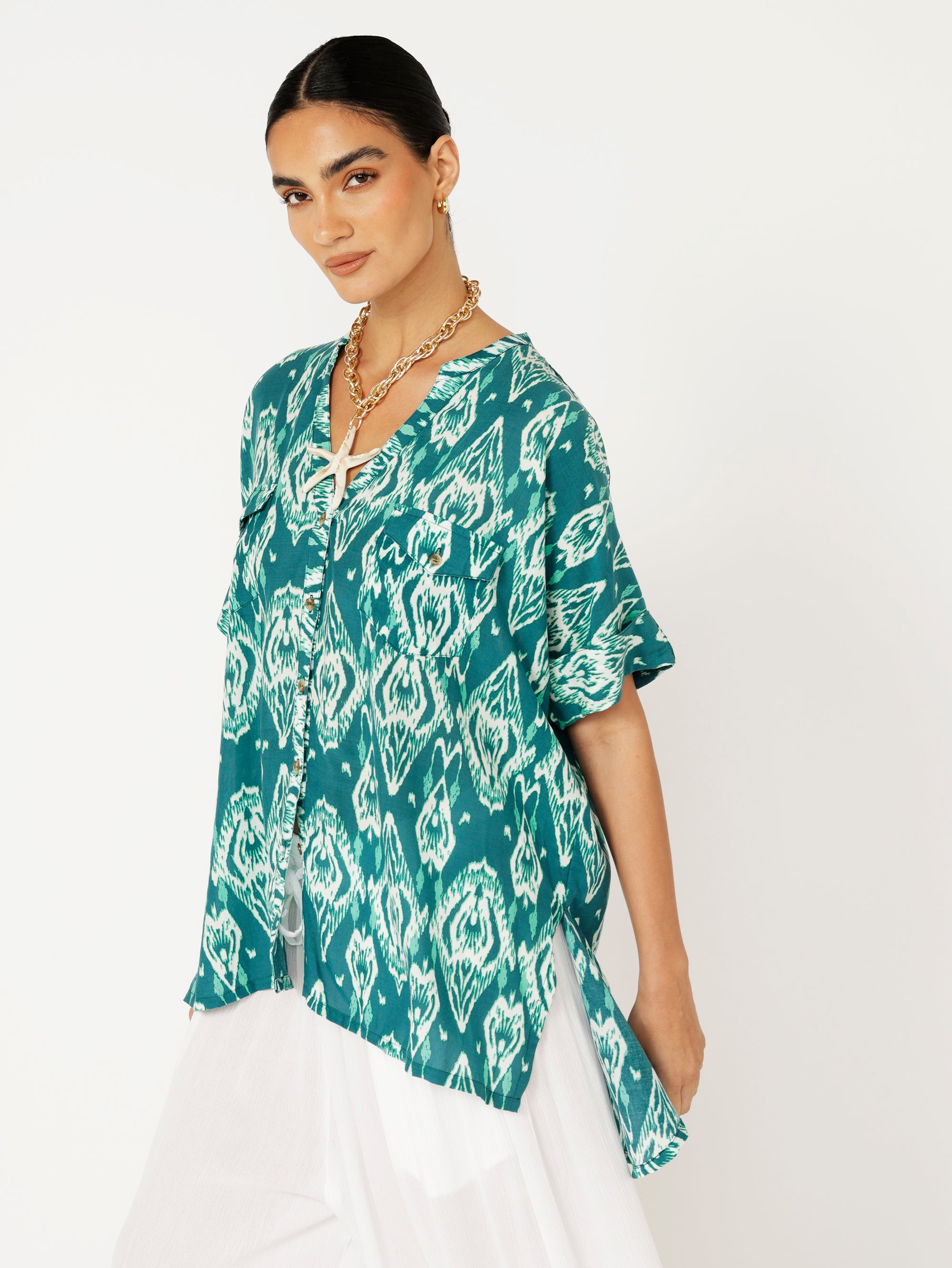 Madison Shirt | Teal Ikat - Saffron Road