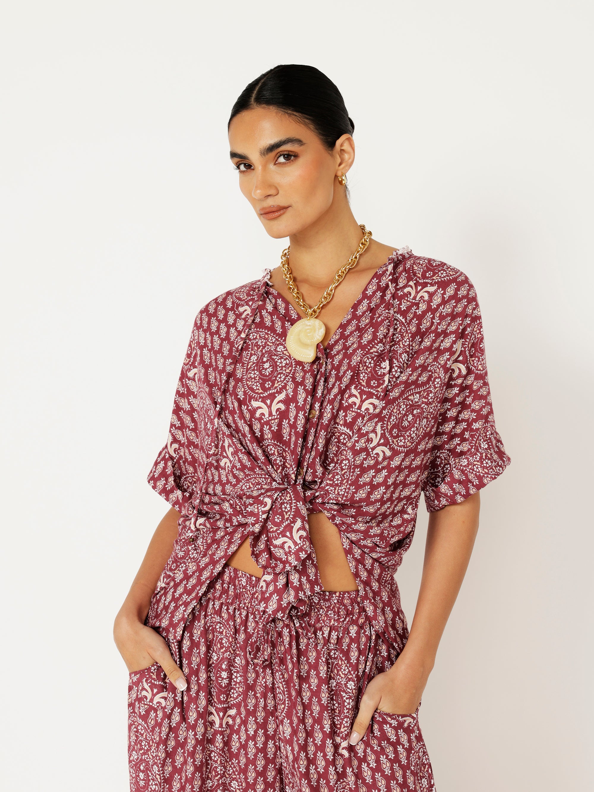 Madison Shirt | Plum Block Print - Saffron Road
