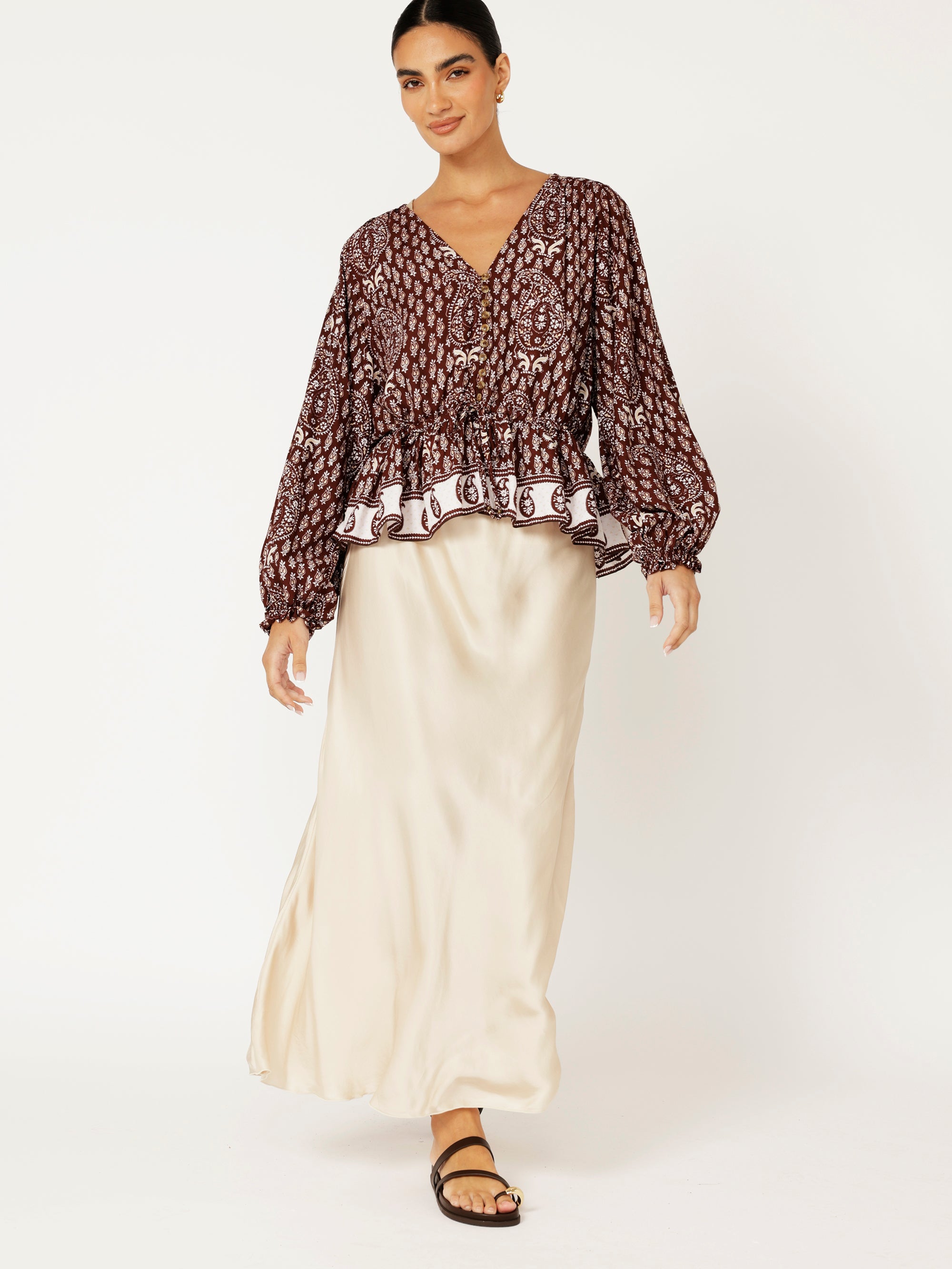 Margot Blouse| Chocolate Block Print - Saffron Road