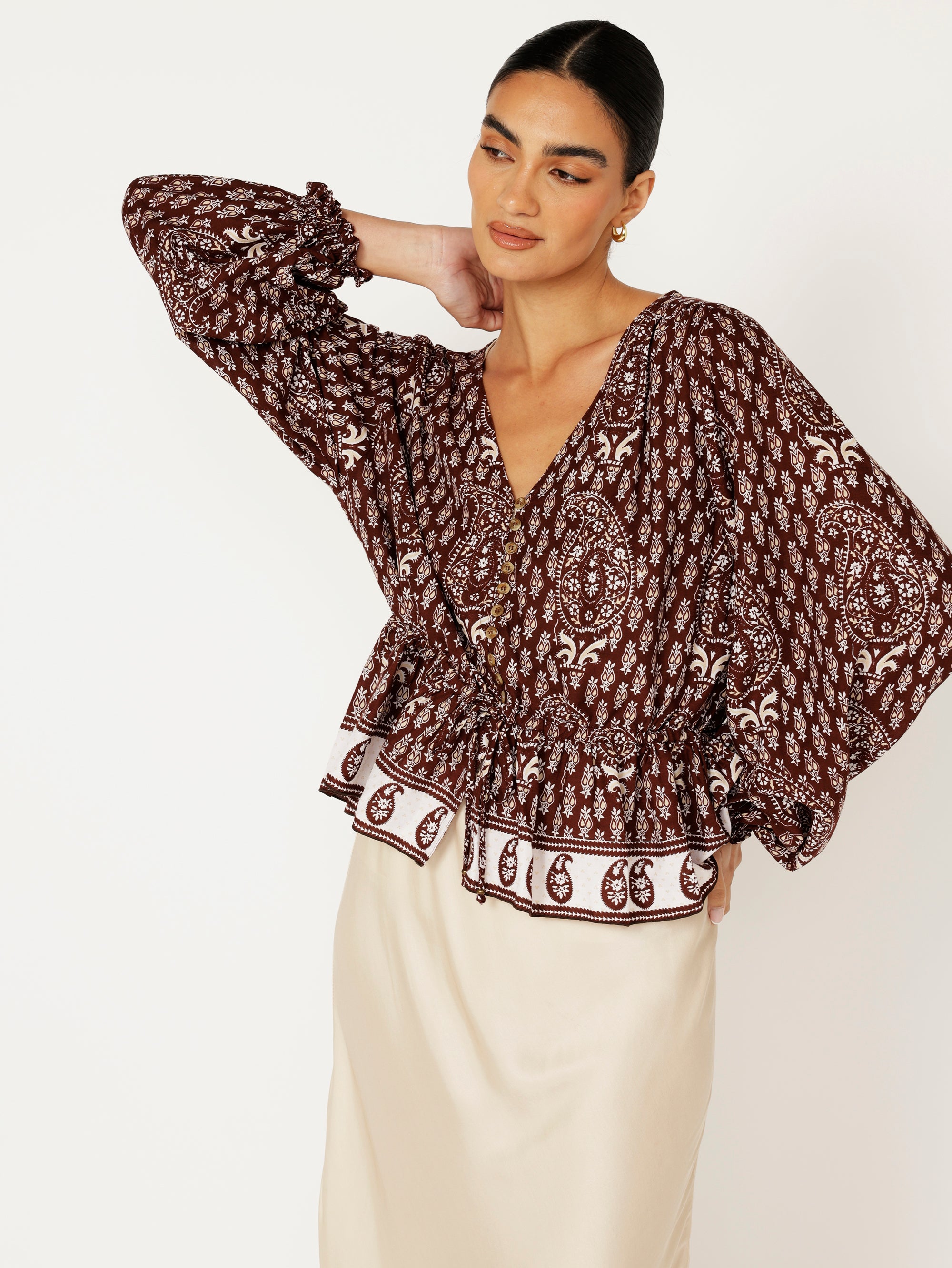 Margot Blouse| Chocolate Block Print - Saffron Road
