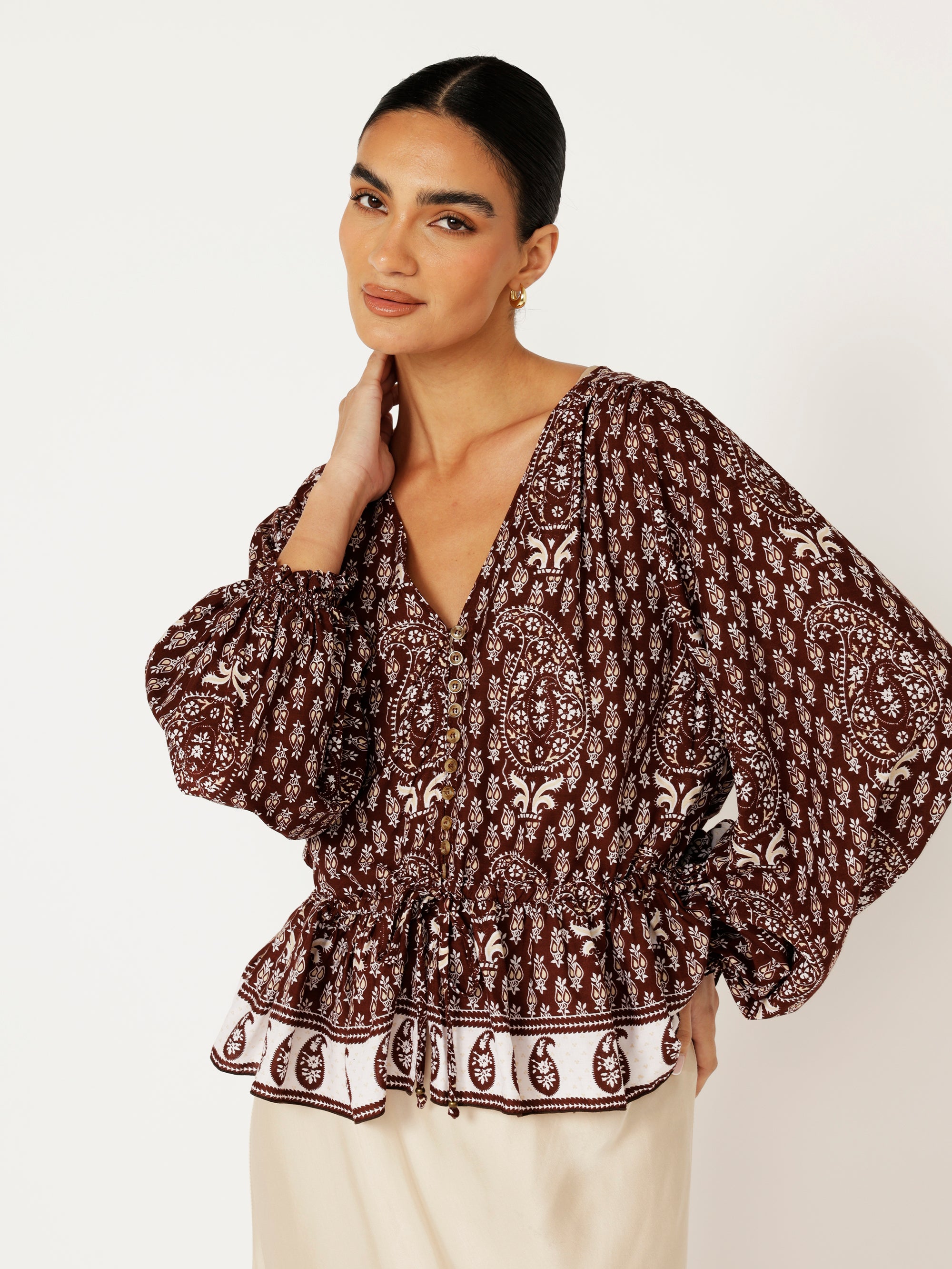Margot Blouse| Chocolate Block Print - Saffron Road