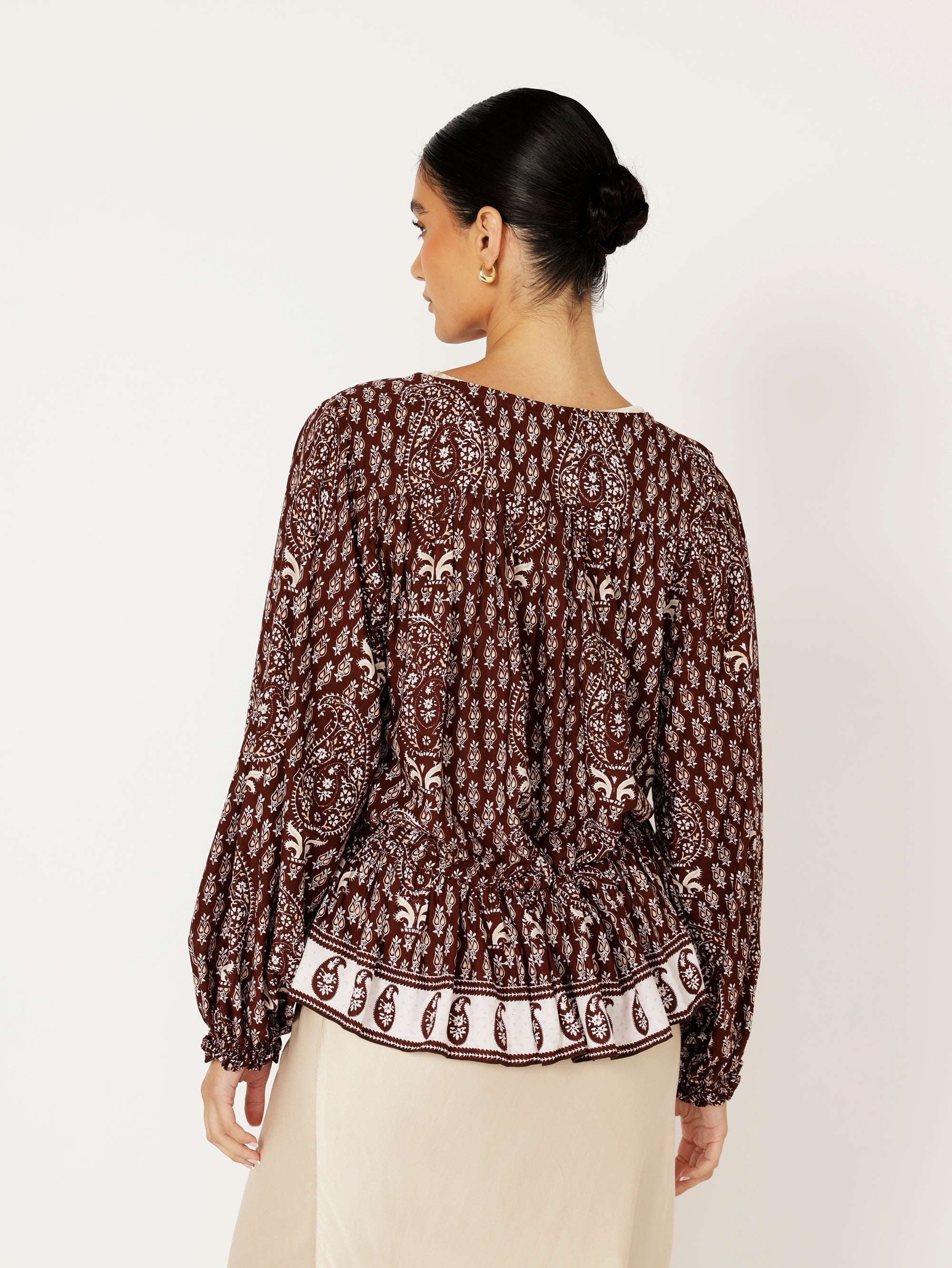 Margot Blouse| Chocolate Block Print - Saffron Road