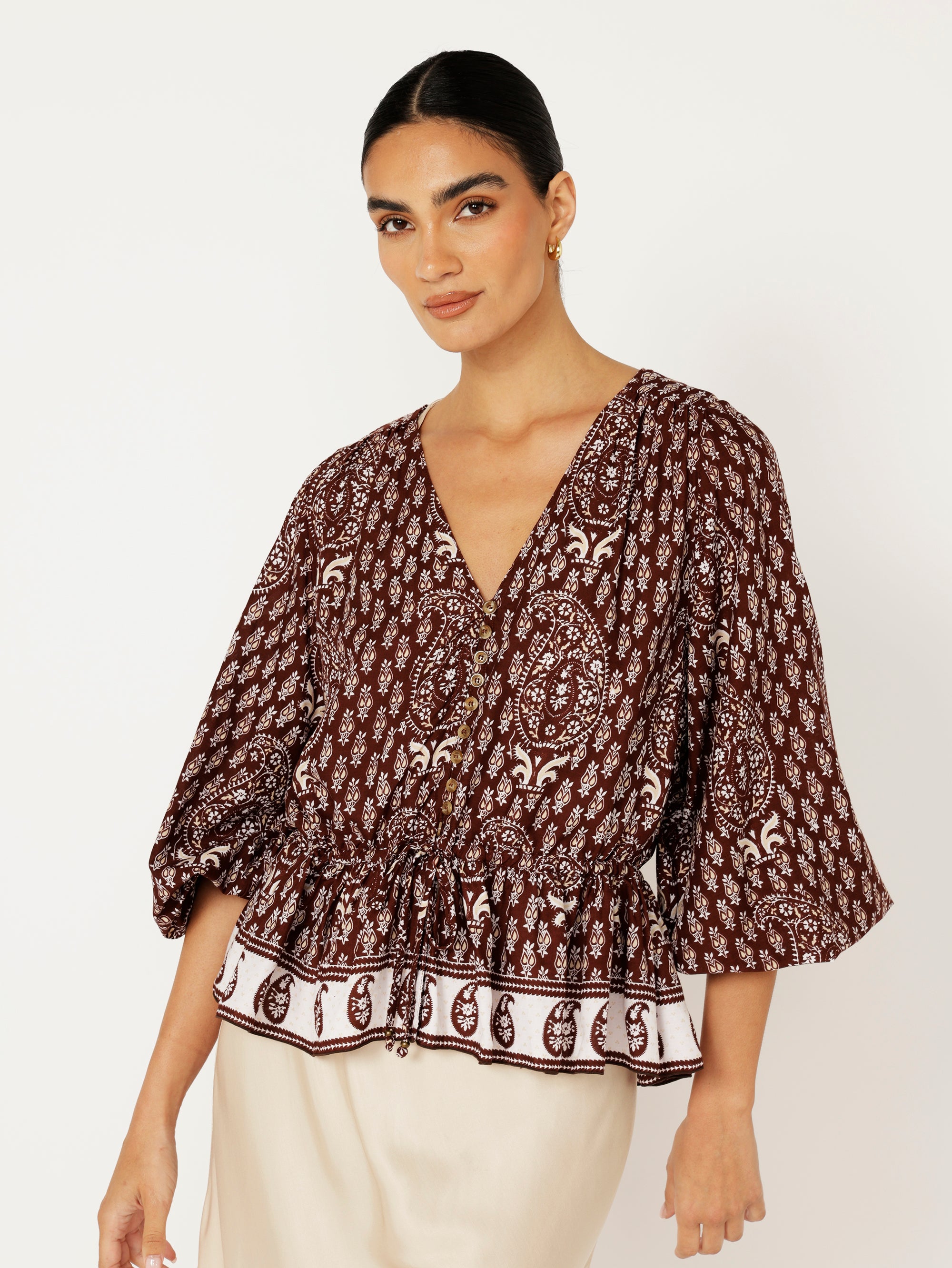 Margot Blouse| Chocolate Block Print - Saffron Road