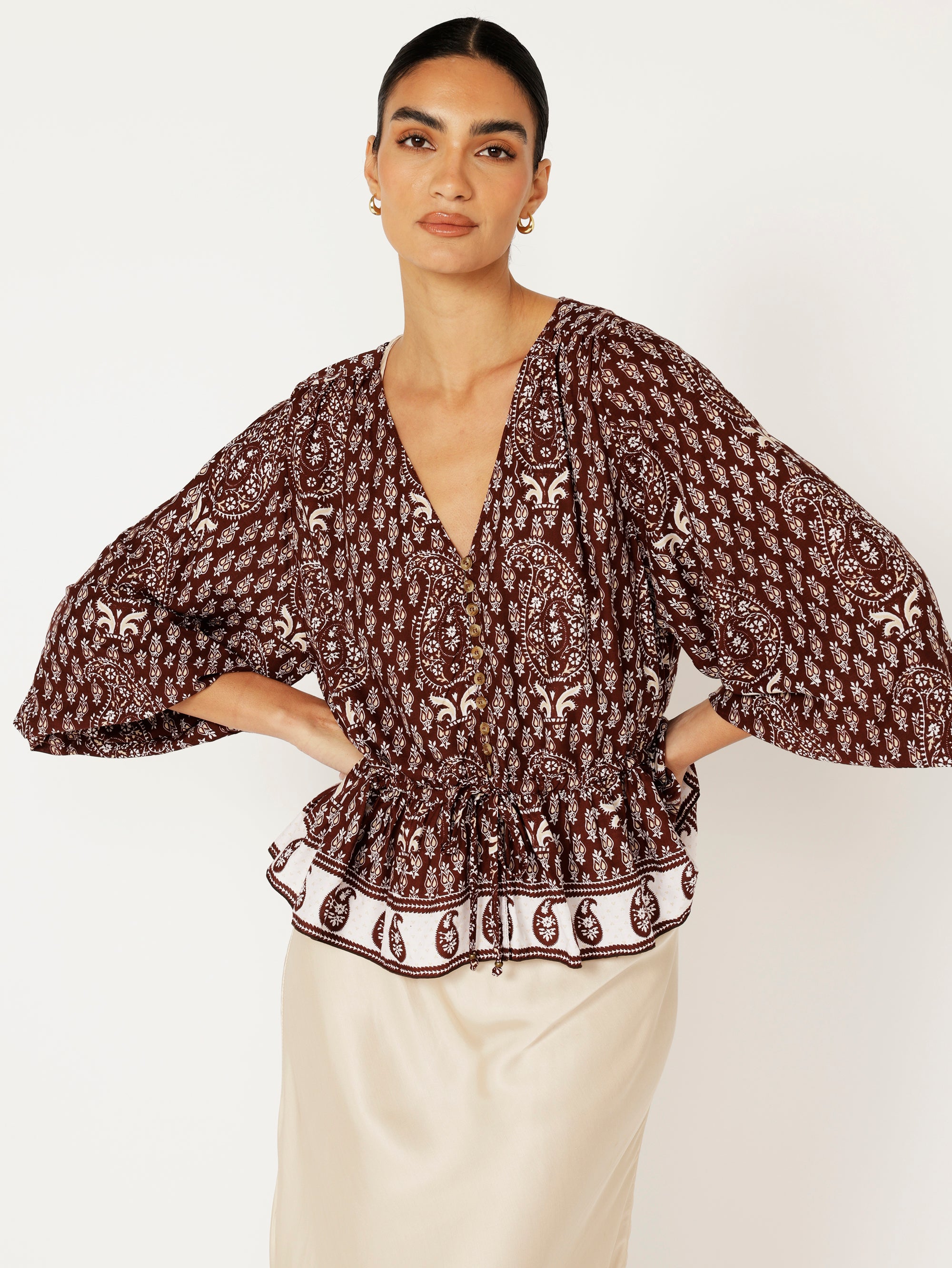 Margot Blouse| Chocolate Block Print - Saffron Road
