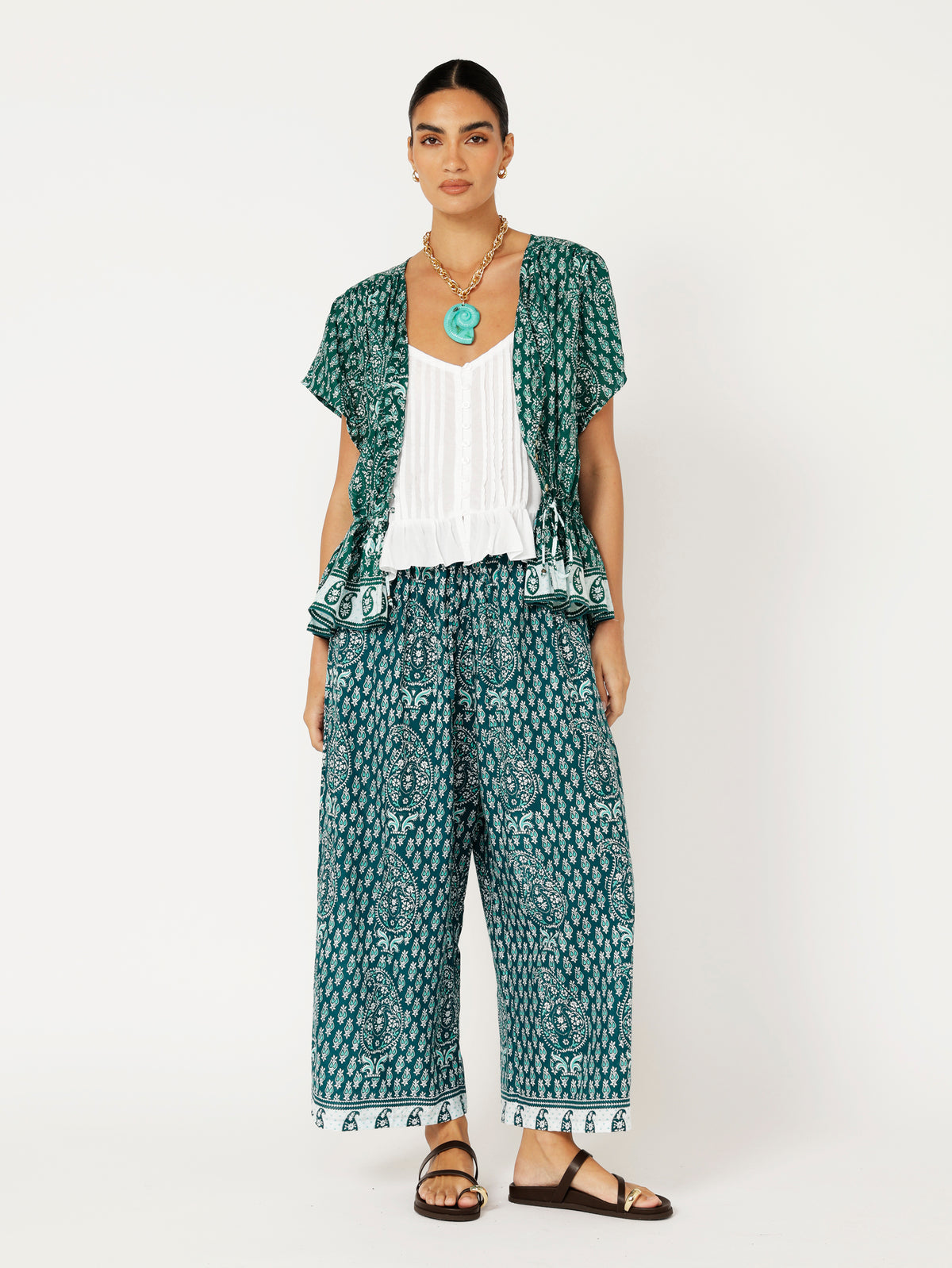 Margot Blouse| Short Sleeve | Emerald Block Print - Saffron Road