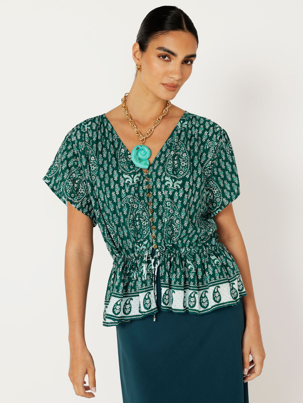 Margot Blouse| Short Sleeve | Emerald Block Print - Saffron Road