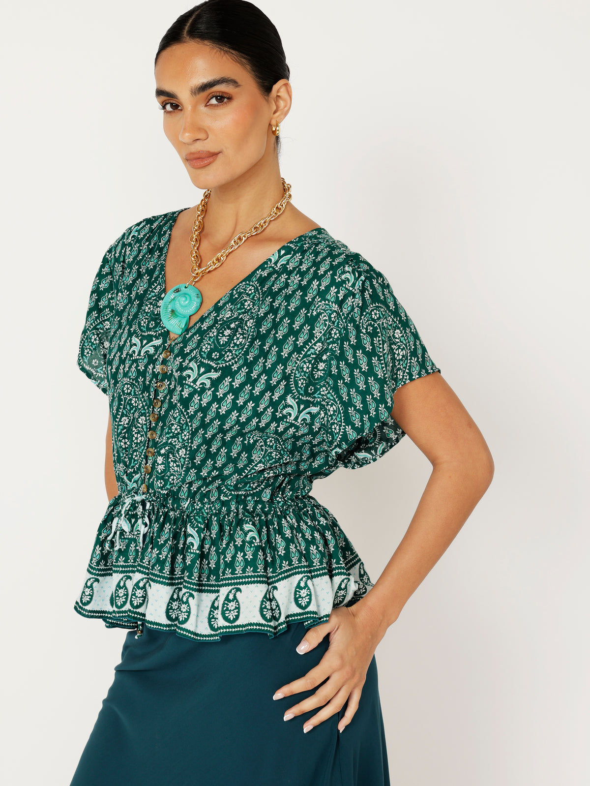 Margot Blouse| Short Sleeve | Emerald Block Print - Saffron Road
