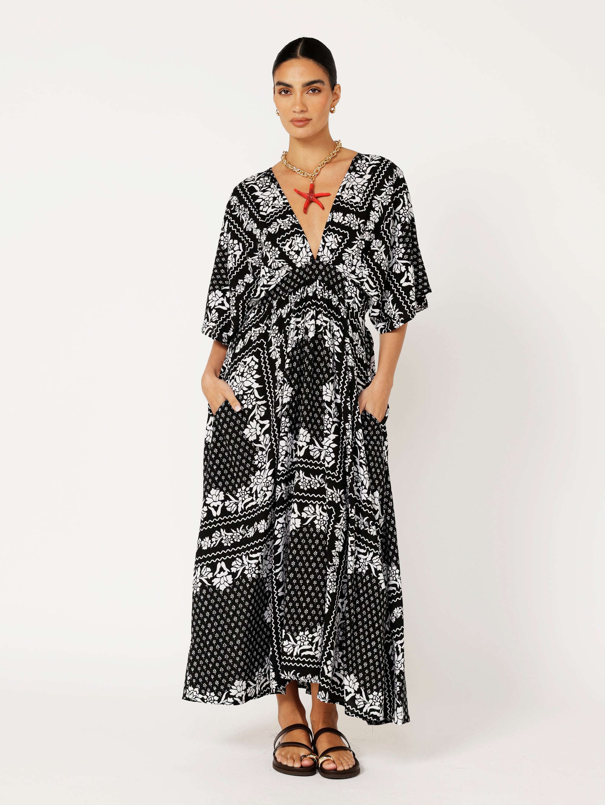 Meredith Dress | Black and White Heritage Floral - Saffron Road