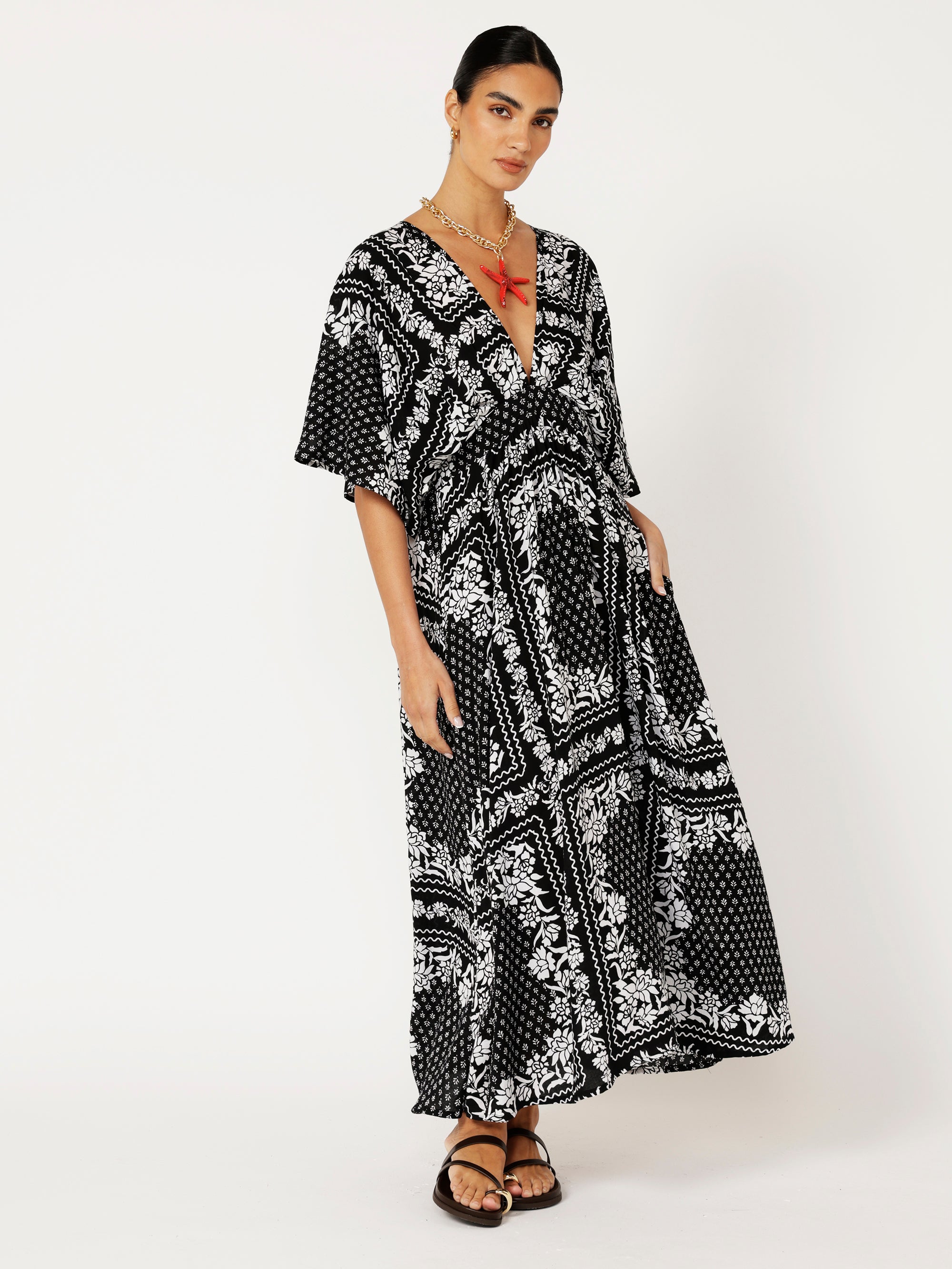 Meredith Dress | Black and White Heritage Floral - Saffron Road
