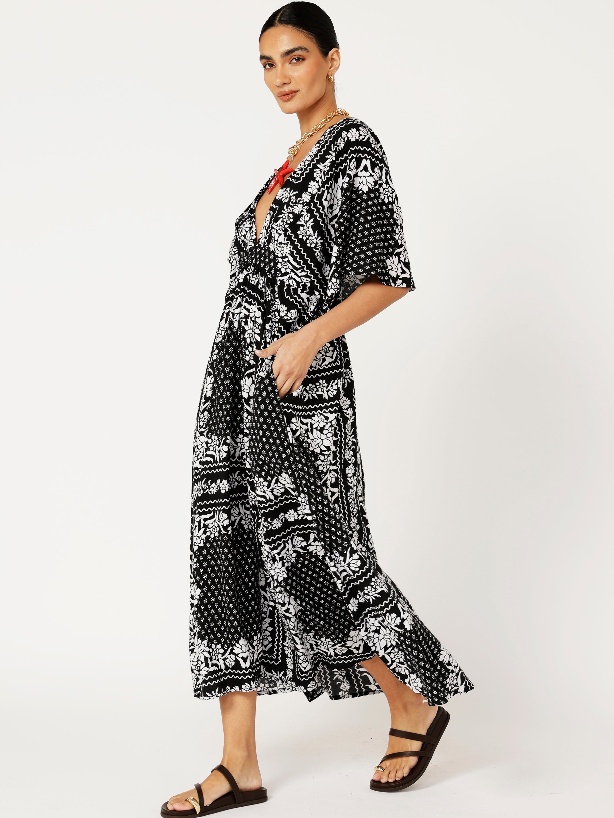 Meredith Dress | Black and White Heritage Floral - Saffron Road