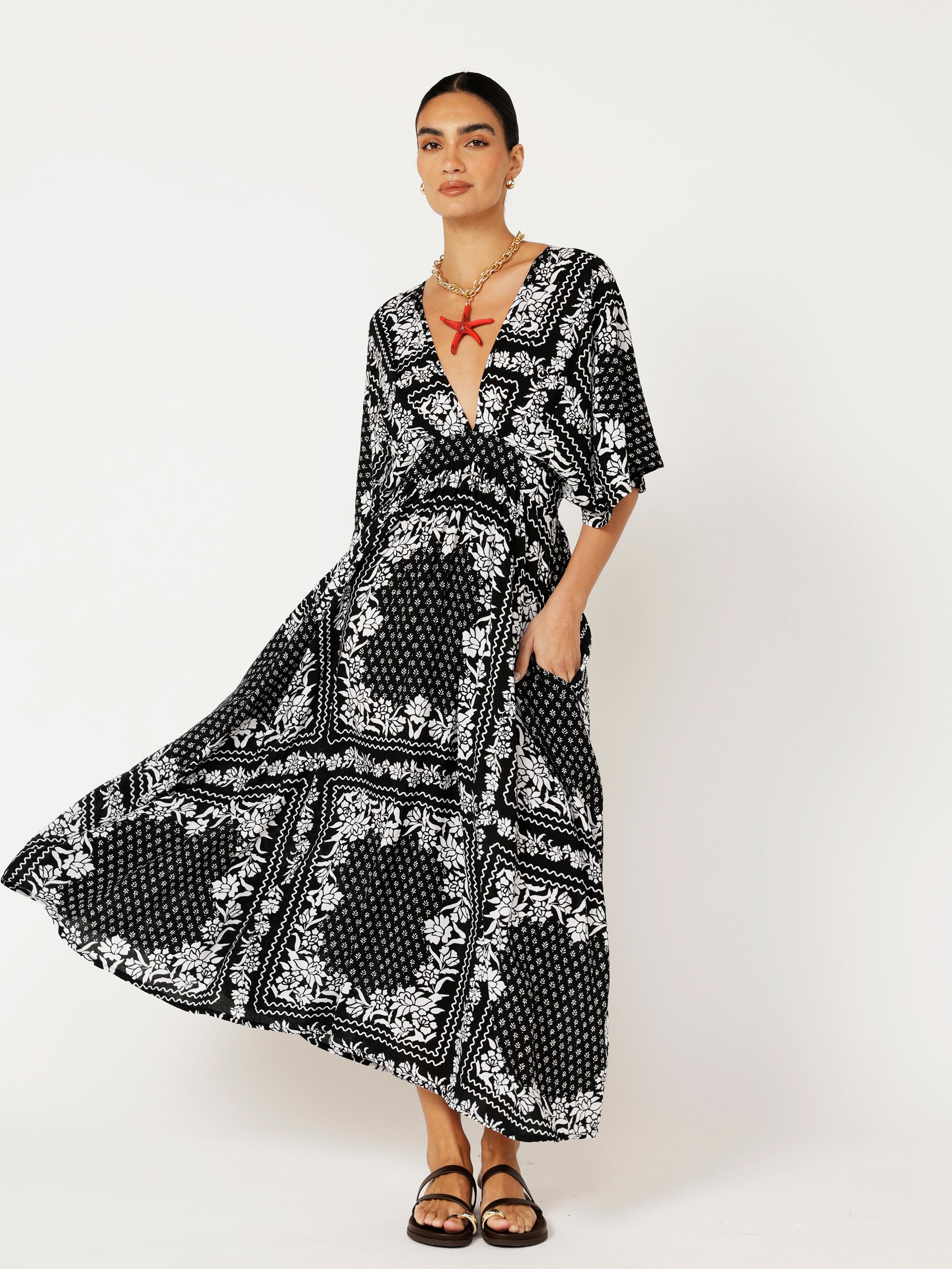 Meredith Dress | Black and White Heritage Floral - Saffron Road