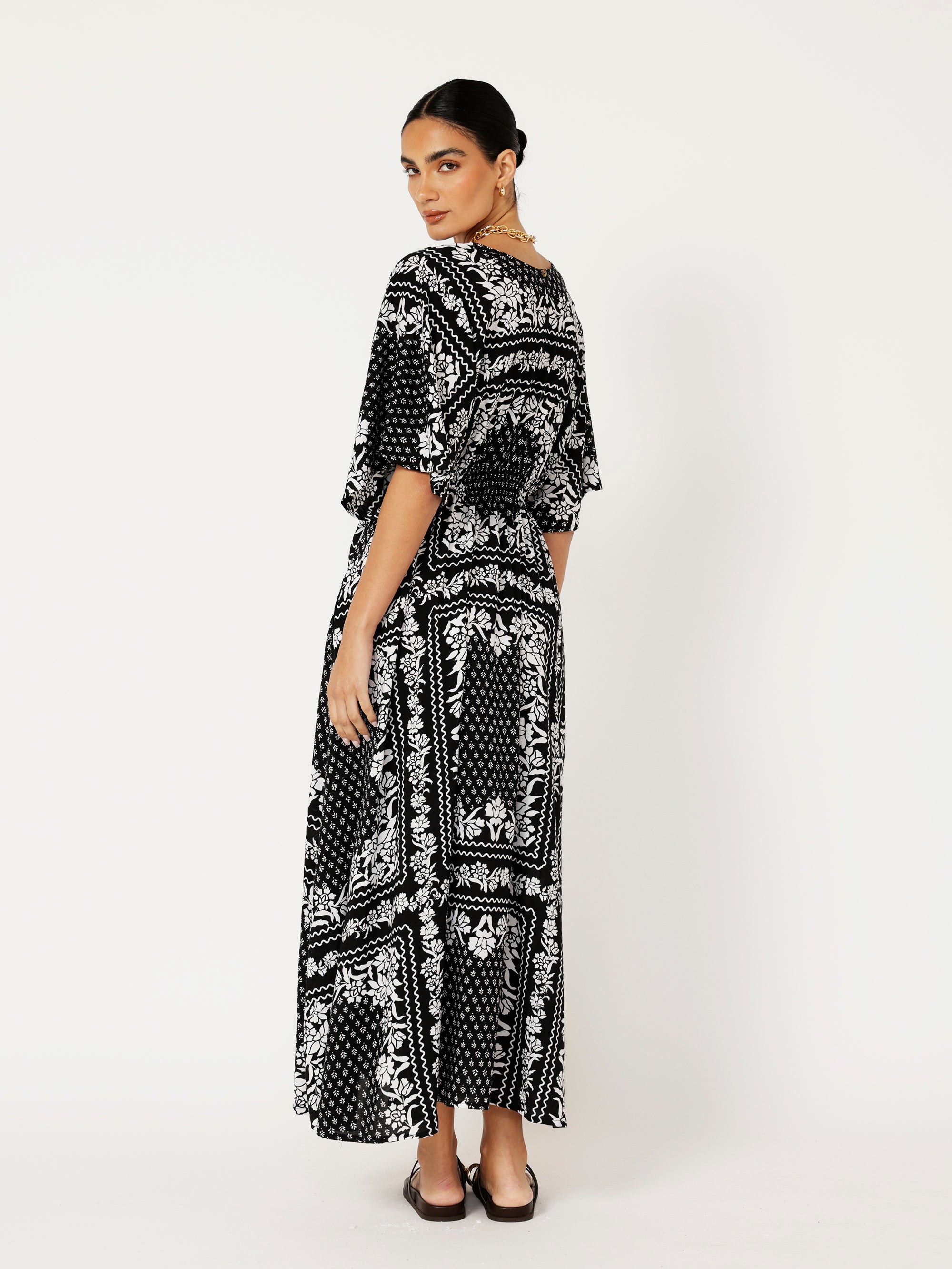 Meredith Dress | Black and White Heritage Floral - Saffron Road