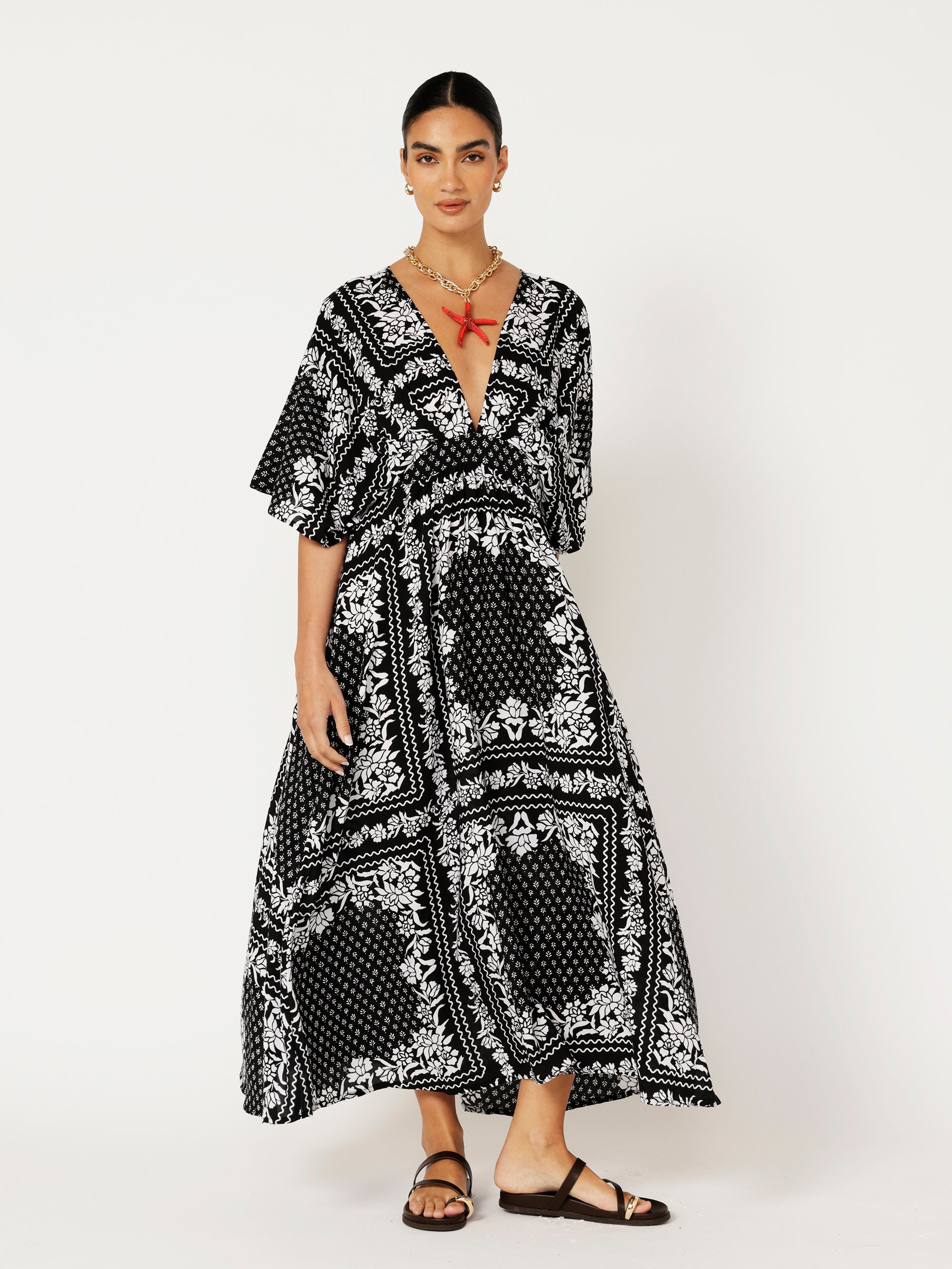Meredith Dress | Black and White Heritage Floral - Saffron Road