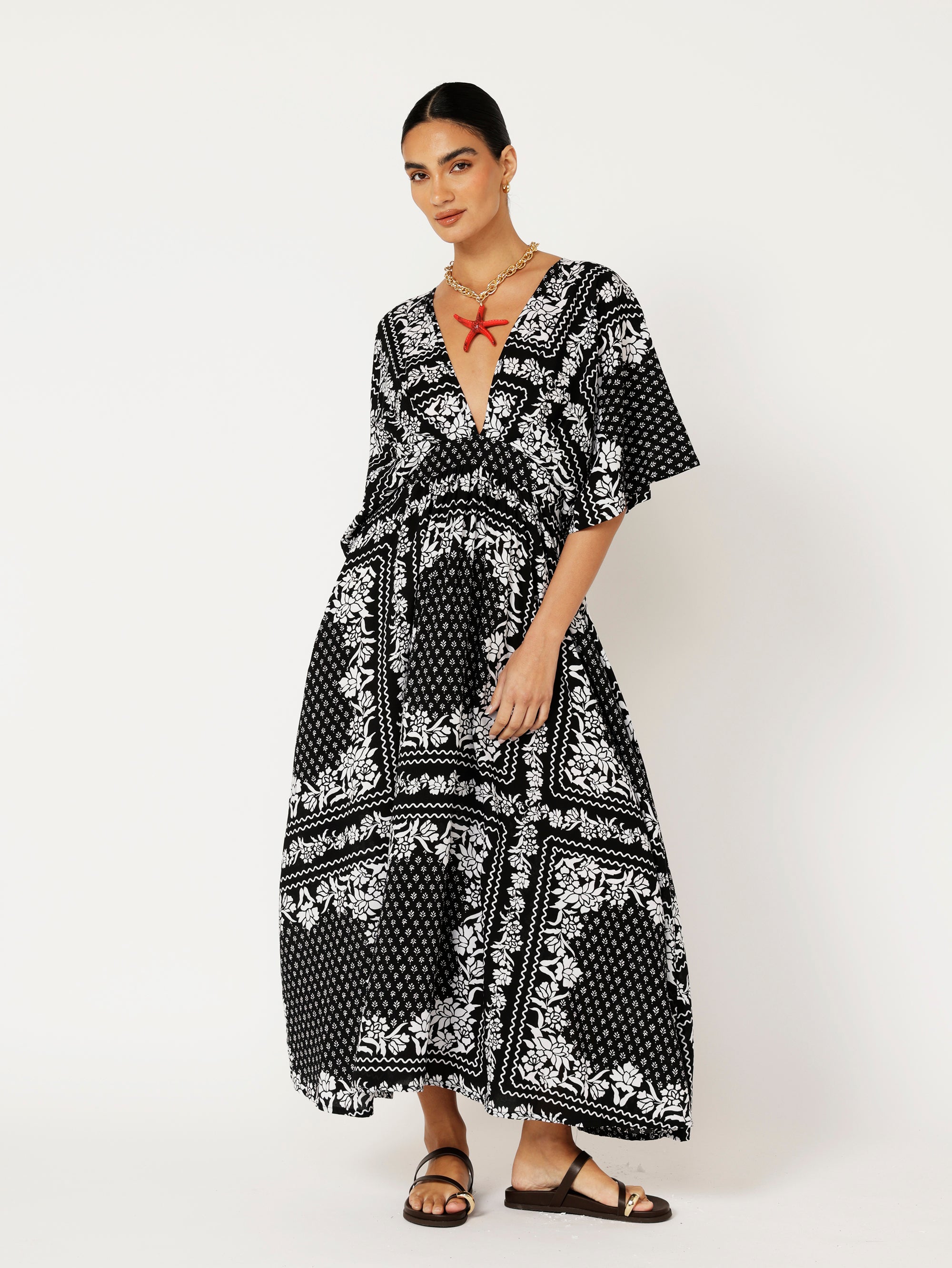 Meredith Dress | Black and White Heritage Floral - Saffron Road
