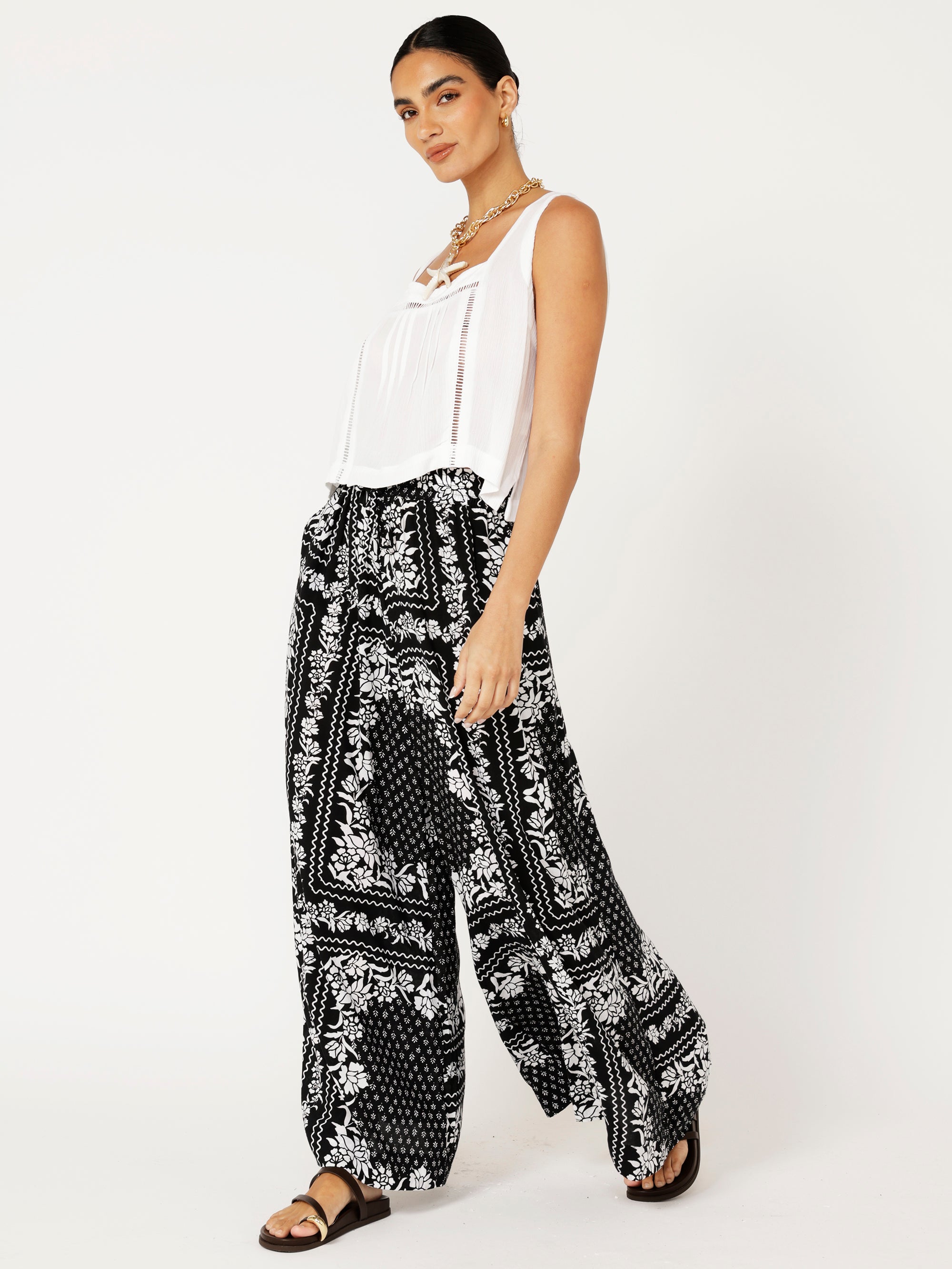 Palazzo Pant | Black and White Heritage Floral - Saffron Road