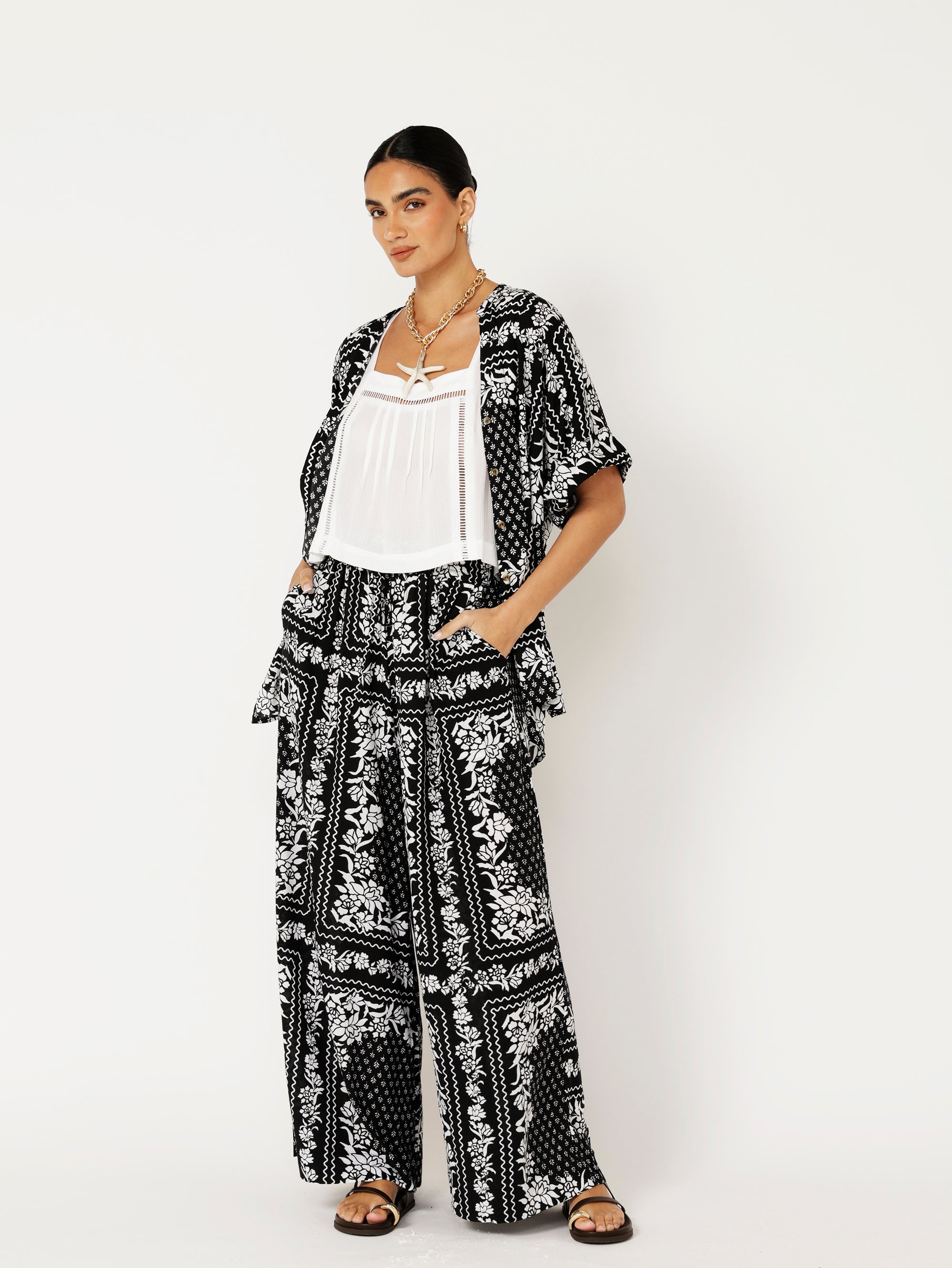 Palazzo Pant | Black and White Heritage Floral - Saffron Road
