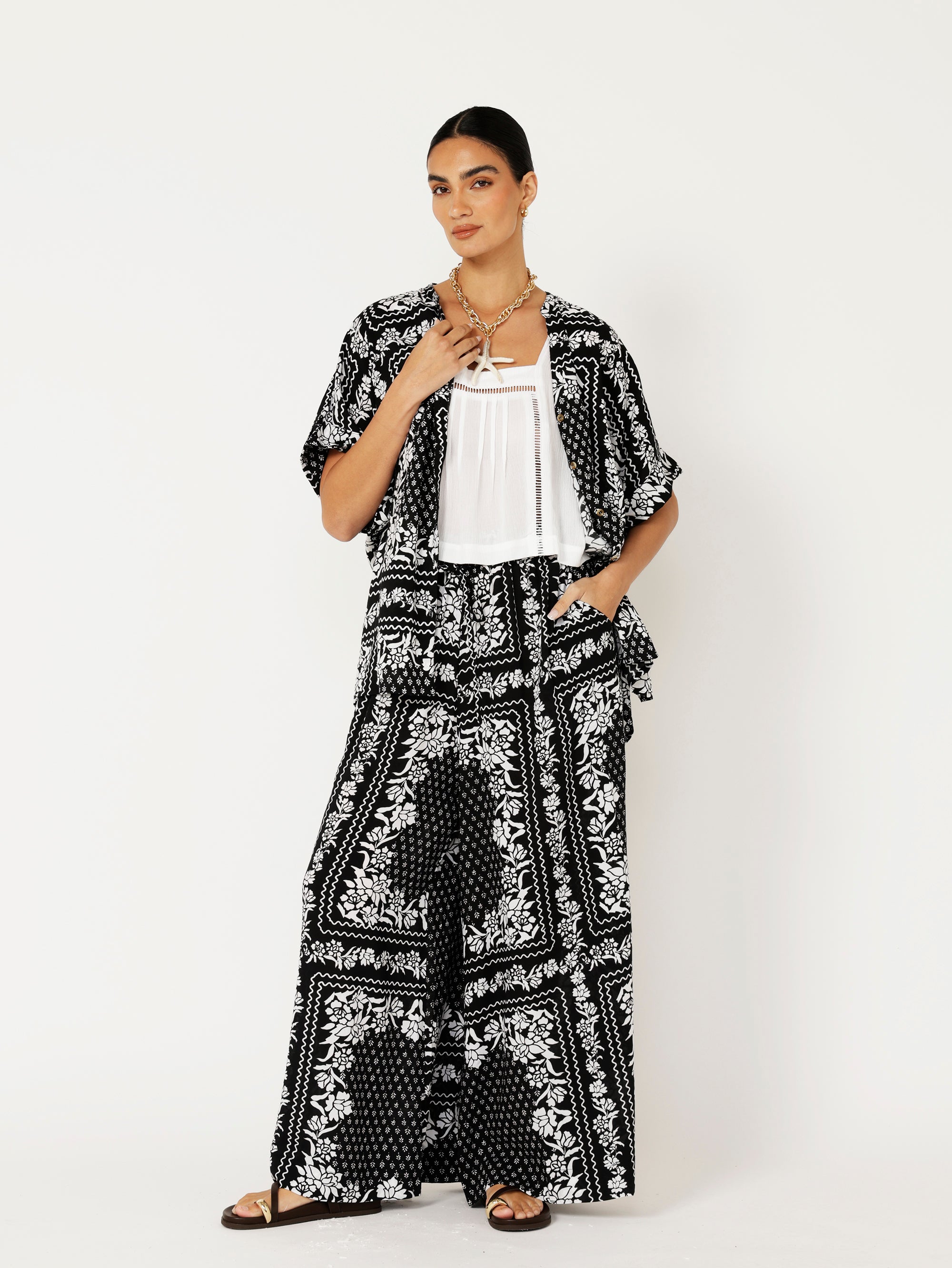 Palazzo Pant | Black and White Heritage Floral - Saffron Road