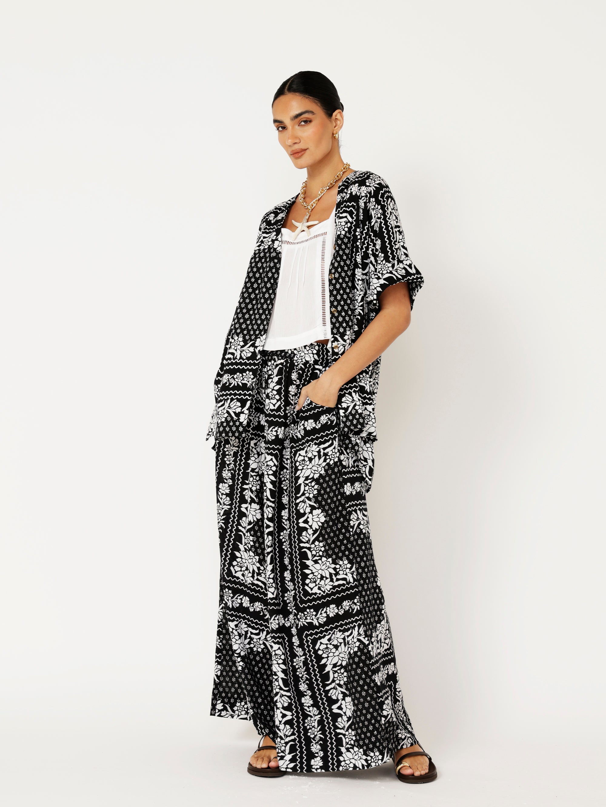 Palazzo Pant | Black and White Heritage Floral - Saffron Road